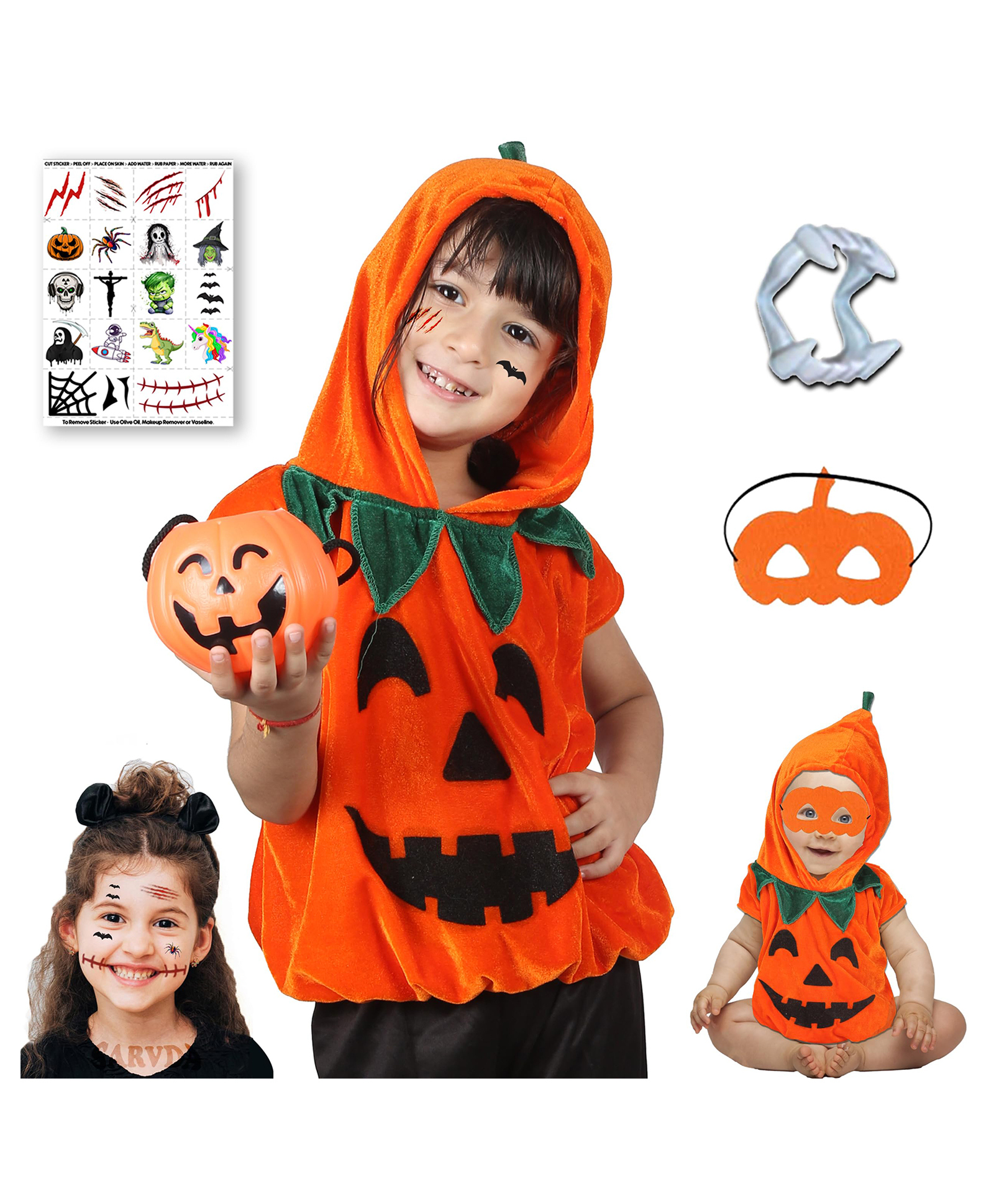 Sarvda Velvet Halloween Theme Half Sleeves Hooded Costume With Pumpkin Basket Scary Teeth Mask & Tattoos Set - Orange