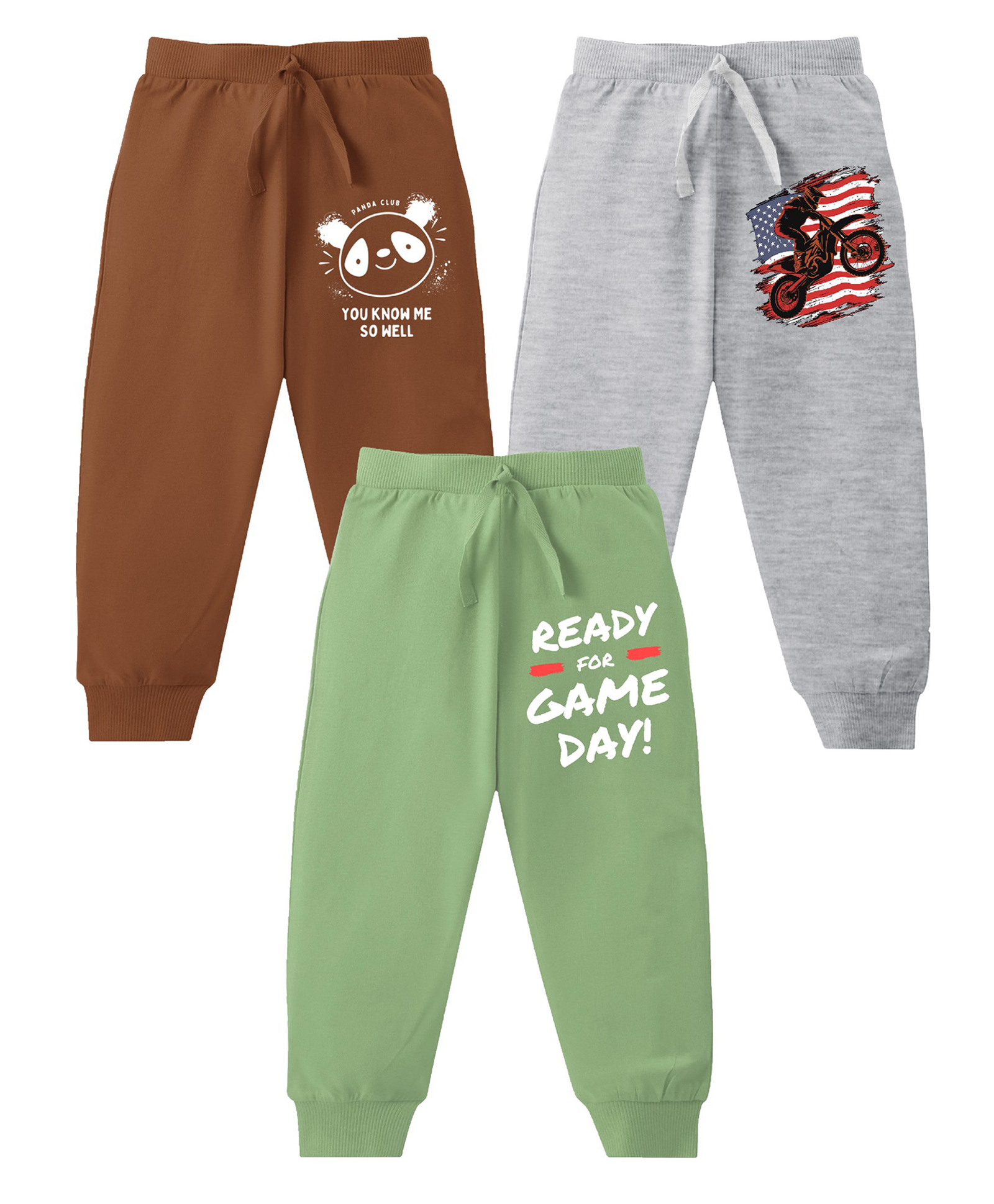 KAVEE Pure Cotton Knit Pack Of 3 Biker & Typography Printed Bio Washed Lounge Pants - Olive Green Grey & Brown-picture-10
