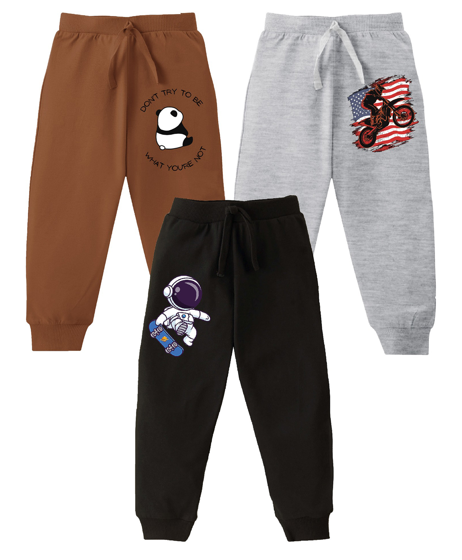 KAVEE Pure Cotton Knit Pack Of 3 Astronaut & Animal Printed Bio Washed Lounge Pants - Grey Black & Brown-picture-23