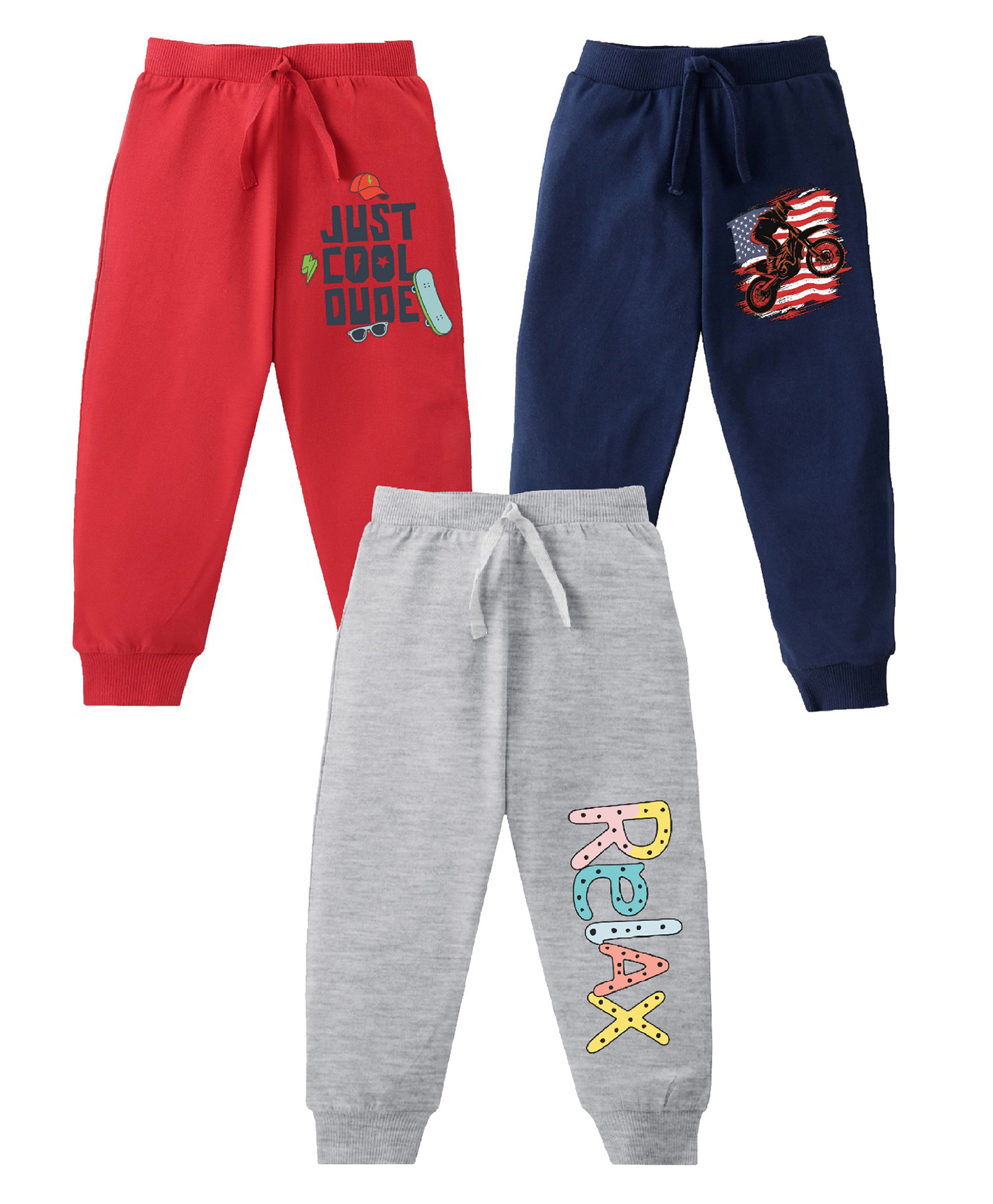 KAVEE Pure Cotton Knit Pack Of 3 Biker & Typography Printed Bio Washed Lounge Pants - Red Grey & Navy Blue-picture-28