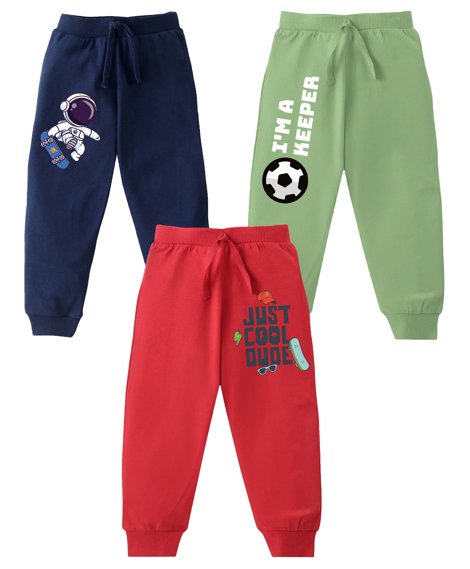 KAVEE Pure Cotton Knit Pack Of 3 Astronaut & Typography Printed Bio Washed Lounge Pants - Olive Green Red & Navy Blue-picture-18