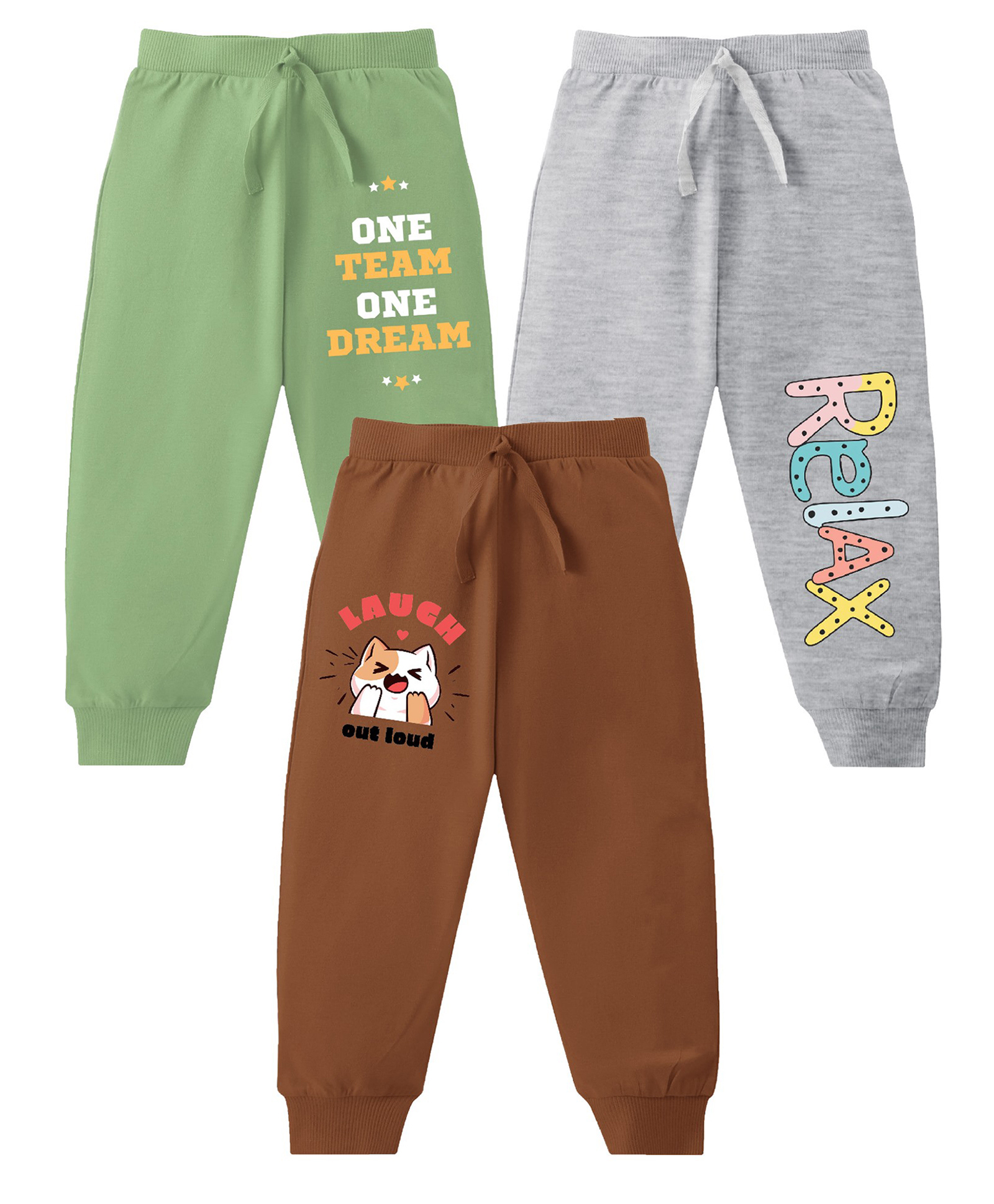 KAVEE Pure Cotton Knit Pack Of 3 Animal & Typography Printed Bio Washed Lounge Pants - Olive Green Grey & Brown-picture-17