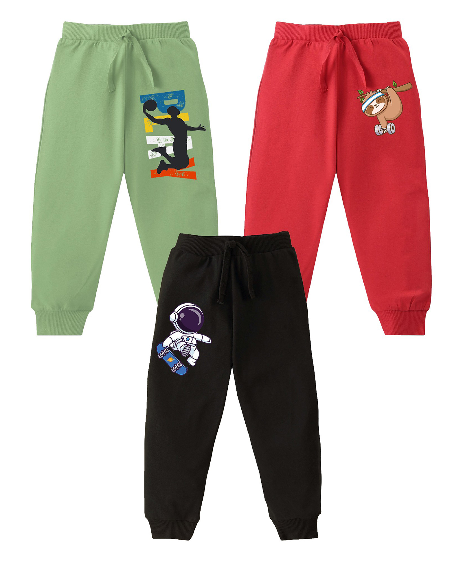 KAVEE Pure Cotton Knit Pack Of 3 Astronaut & Animals Printed Bio Washed Lounge Pants - Olive Green Red & Black-picture-19