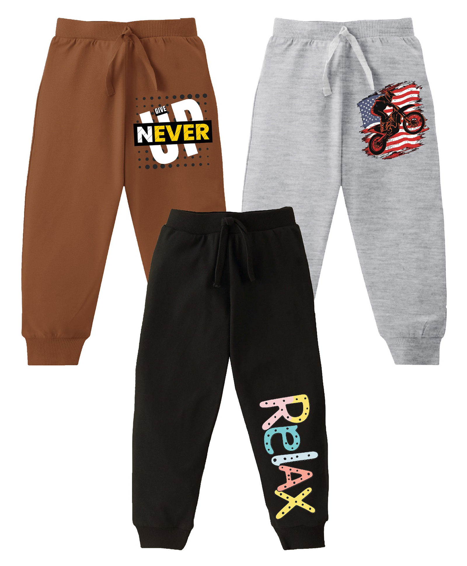KAVEE Pure Cotton Knit Pack Of 3 Biker & Typography Printed Bio Washed Lounge Pants - Grey Black & Brown-picture-25