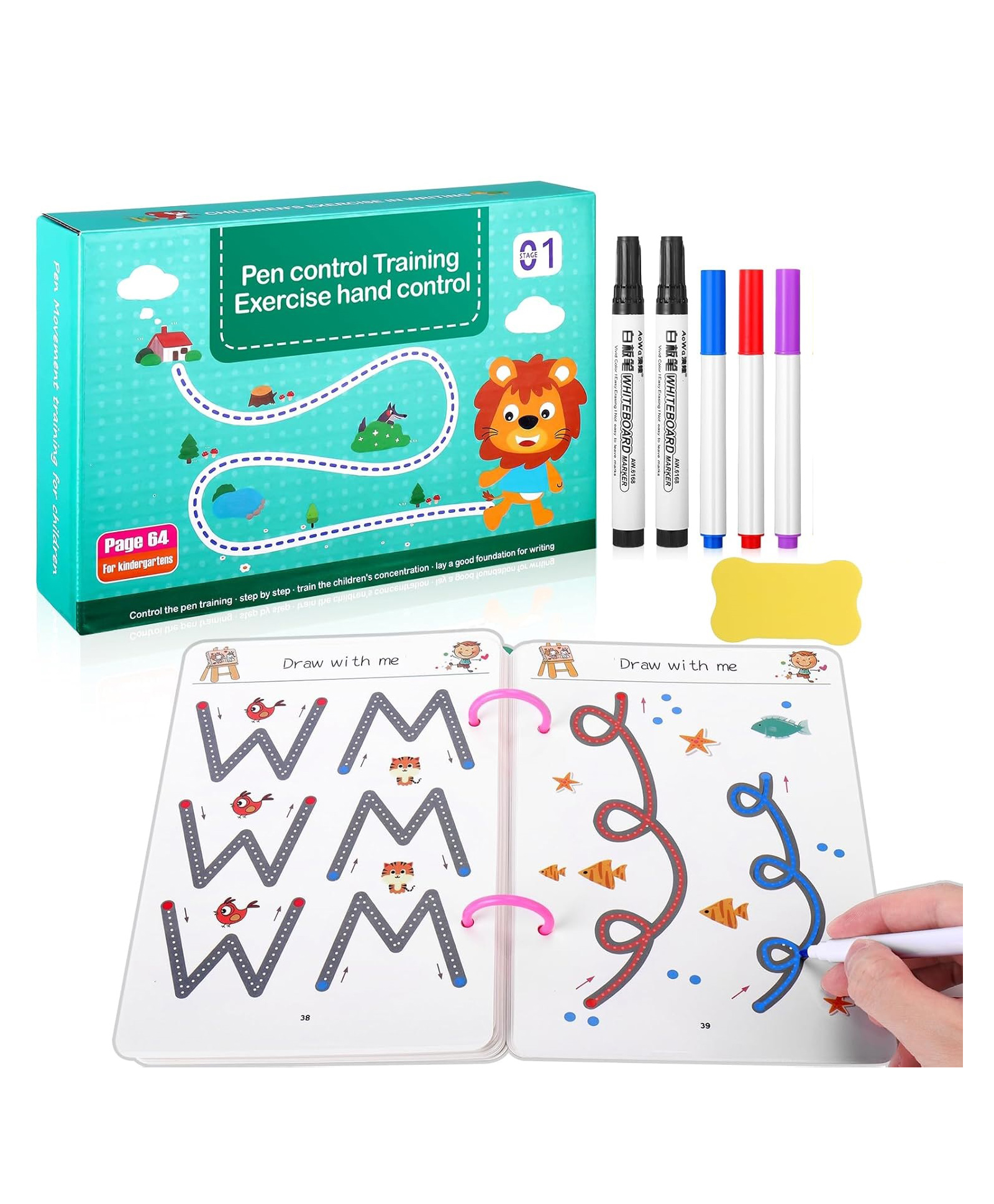Reusable Pen Control Training Workbook for Kids | Handwriting & Tracing Practice Book with Erasable Pens & Wipe Eraser | Preschool Educational Activity (Random Color and Design)-image-46