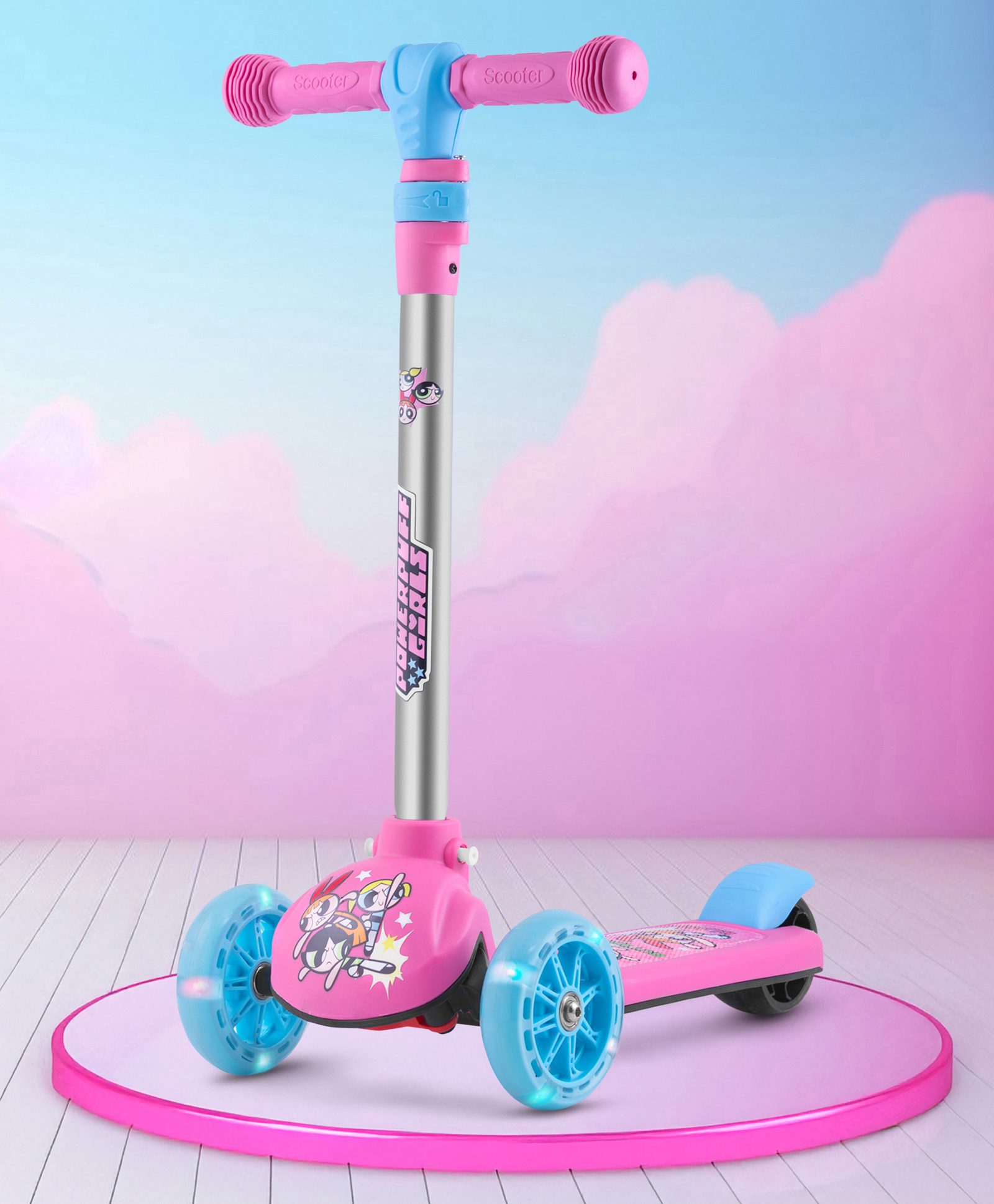fab n funky Power Puff Girls 3 Wheel Kick Scooter with LED Wheels - Pink| Wide Standing Deck| 3 Level Height| Aluminium Alloy| Lean To Steer| 40 Kg Capacity | Toy for 3 to 14 years Boys & Girls| Activity Gifting-picture-15
