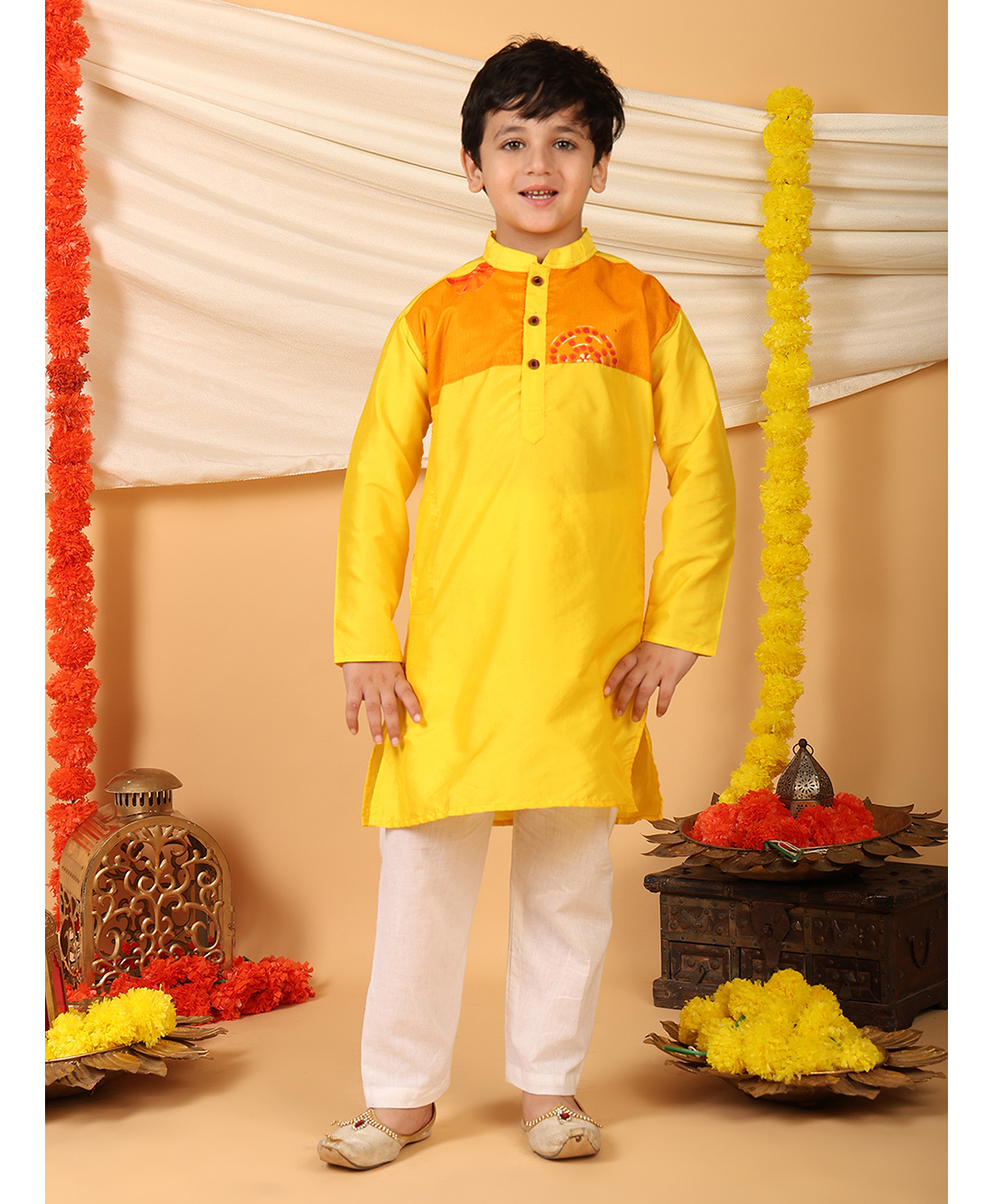 Kinder Kids Cotton Woven Full Sleeves Colour Blocked Kurta Pyjama Set - Yellow-picture-15