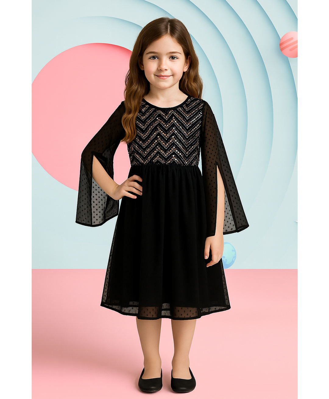 Little Marine Woven Three Fourth Sleeves Stone Embellished Chevron Designed Dress - Black