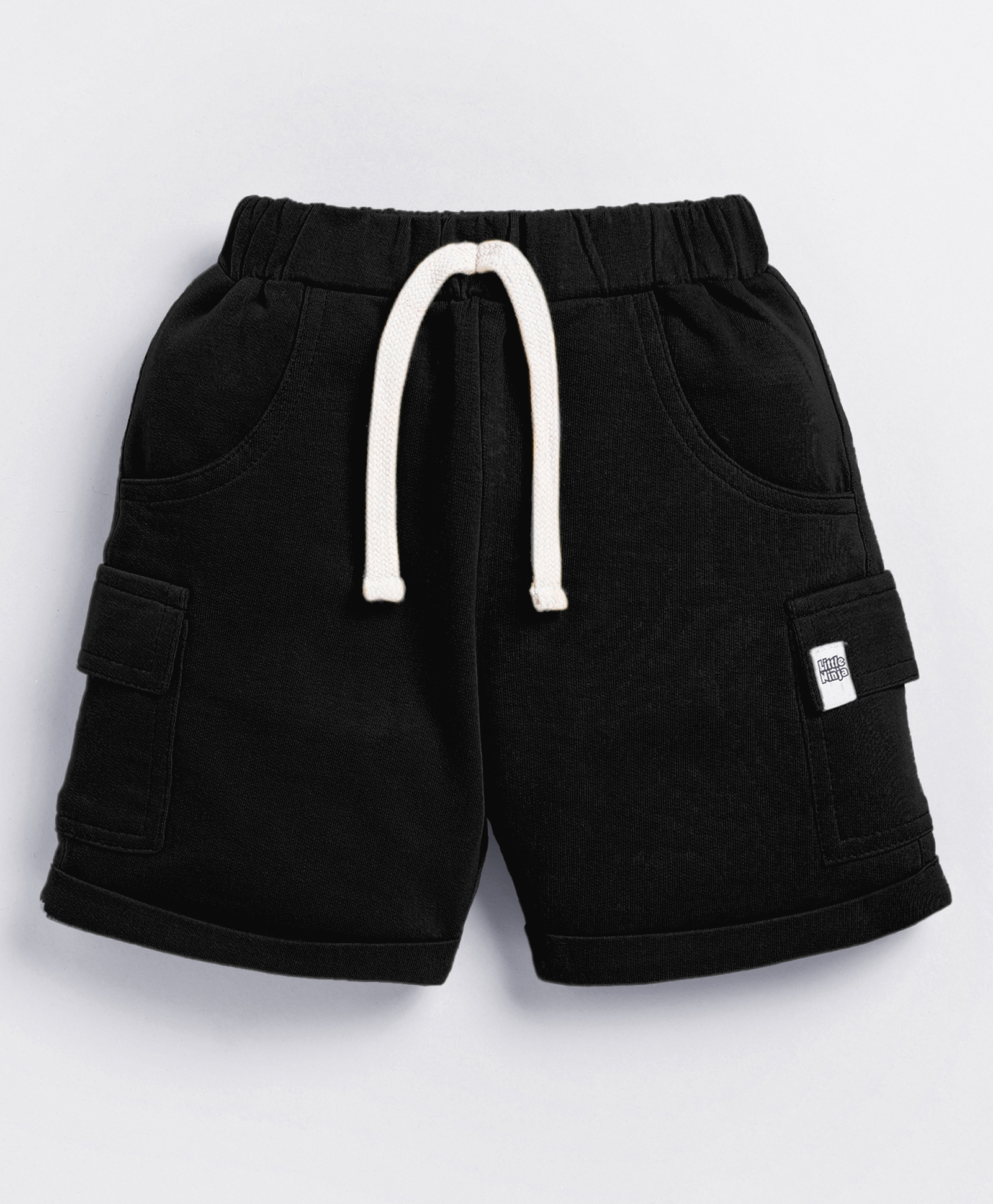 Little Ninja Cotton Knit Solid Cargo Shorts - Black-picture-16