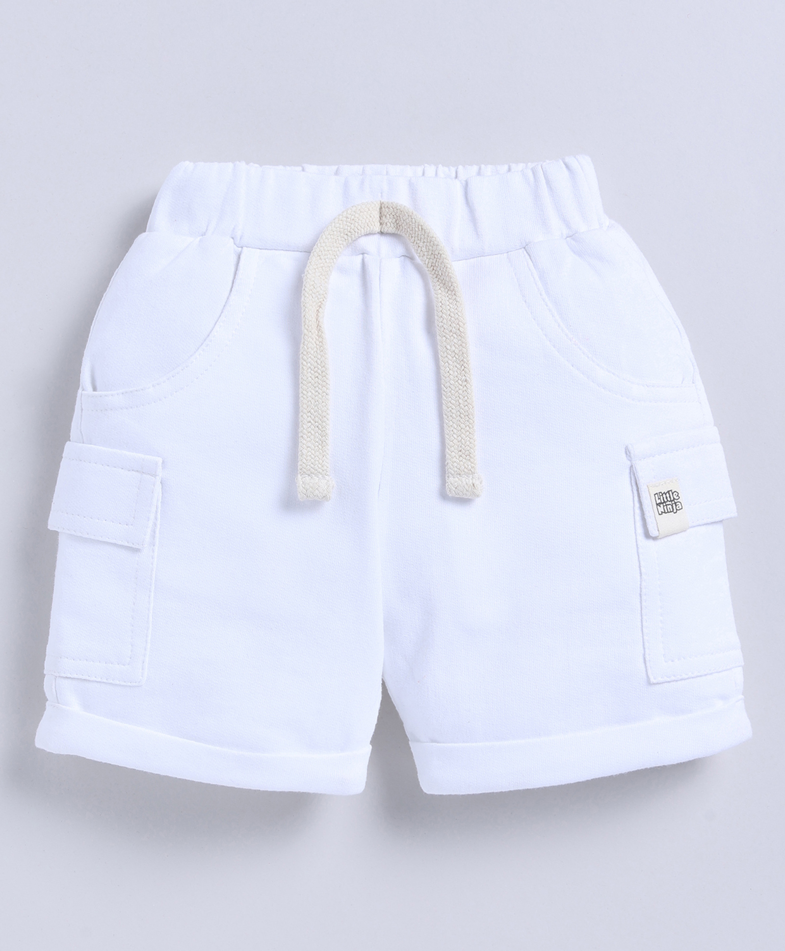 Little Ninja Cotton Knit Solid Cargo Shorts - White-picture-15