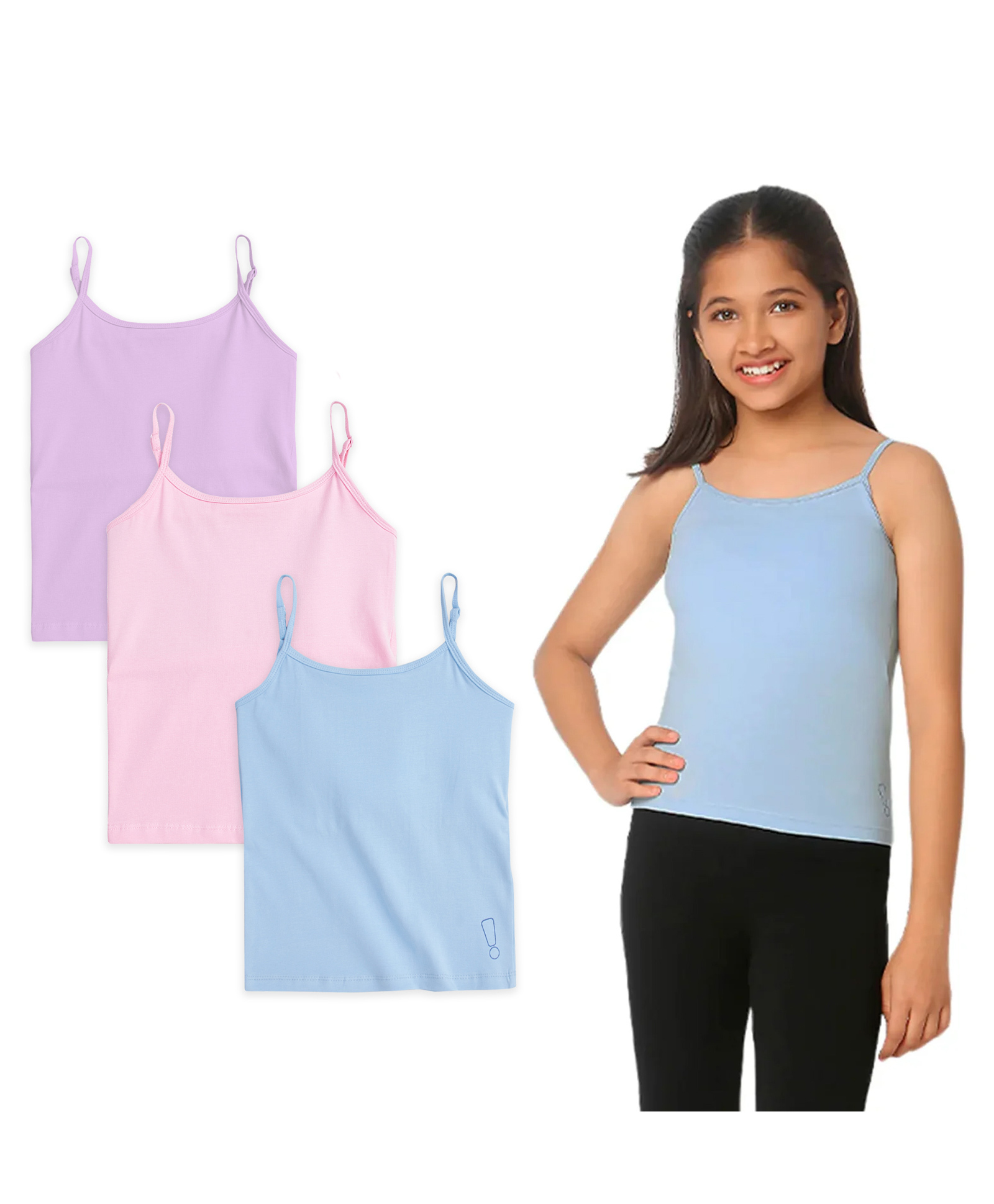 Plan B Cotton Elastane Knit Pack Of 3 Sleeveless Solid Camisoles - Blue Lavender & Pink-image-40