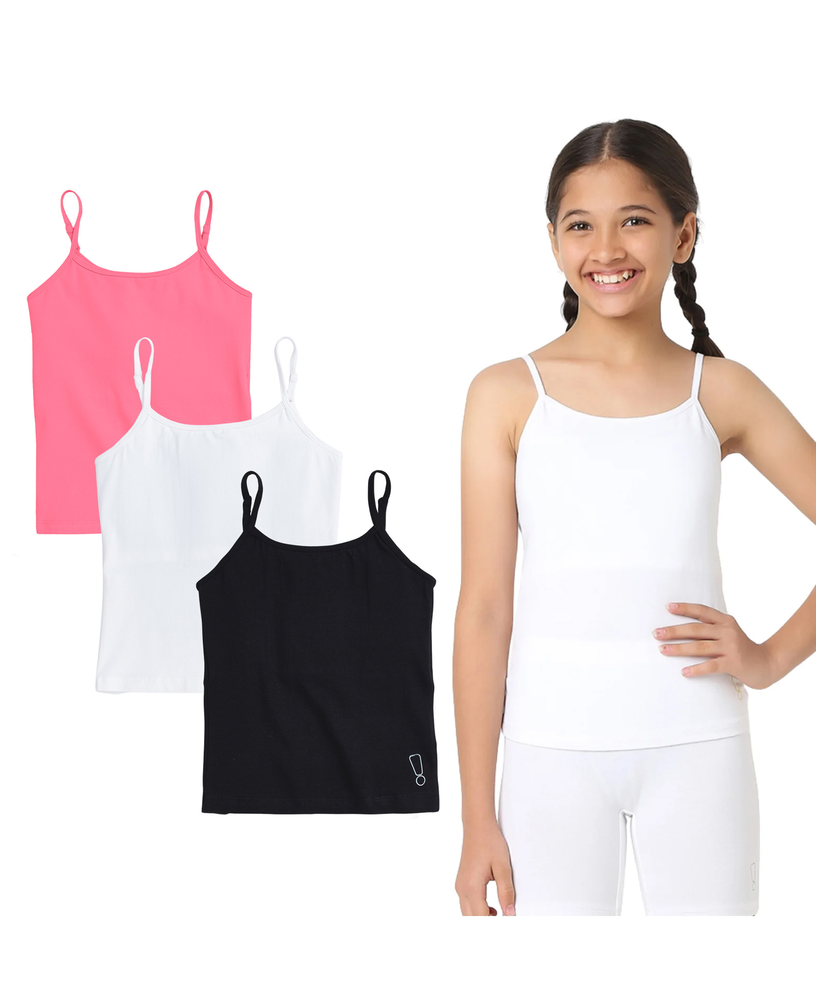 Plan B Cotton Elastane Knit Pack Of 3 Sleeveless Solid Camisoles - White Black & Bubblegum Pink-picture-39