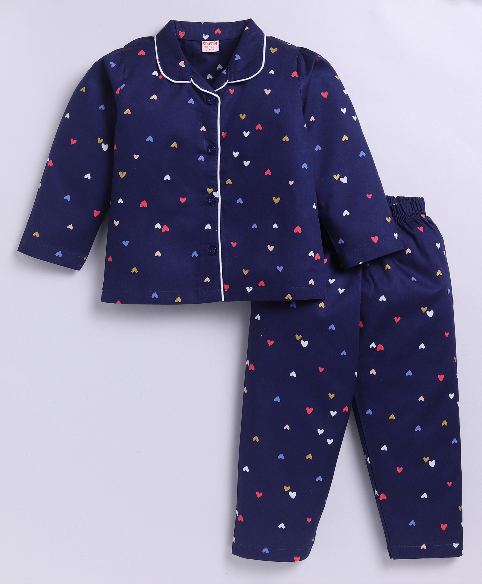 Snuggly MONKEY Poplin Woven Full Sleeves Hearts Printed Winter Night Suit Set - Navy Blue-picture-16