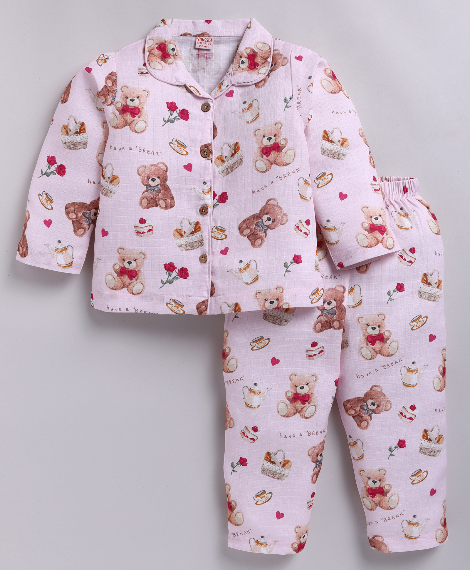 Snuggly MONKEY Cambric Woven Full Sleeves Teddy Bear Printed Winter Night Suit Set - Light Pink-image-12