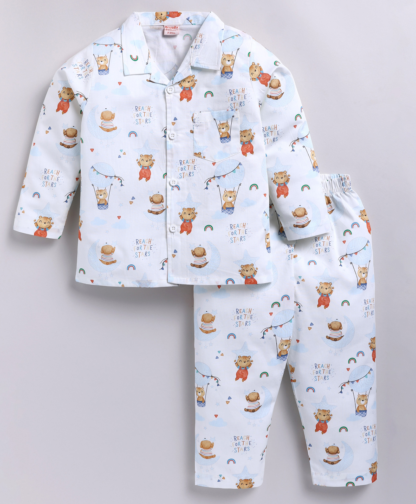 Snuggly MONKEY Poplin Woven Full Sleeves Bear Printed Winter Night Suit Set - White-image-16