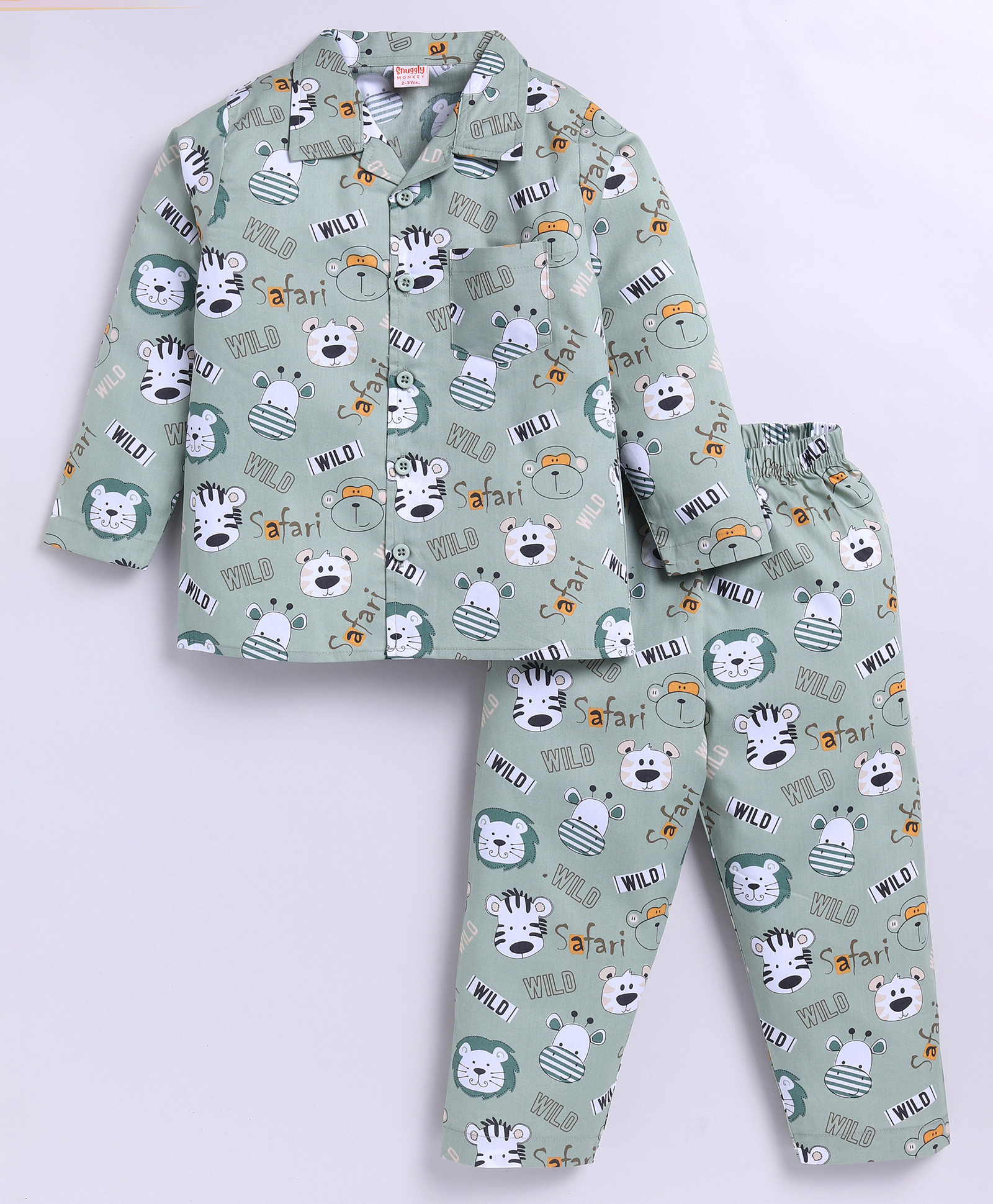 Snuggly MONKEY Poplin Woven Full Sleeves Animals Printed Winter Night Suit Set - Olive Green-picture-12