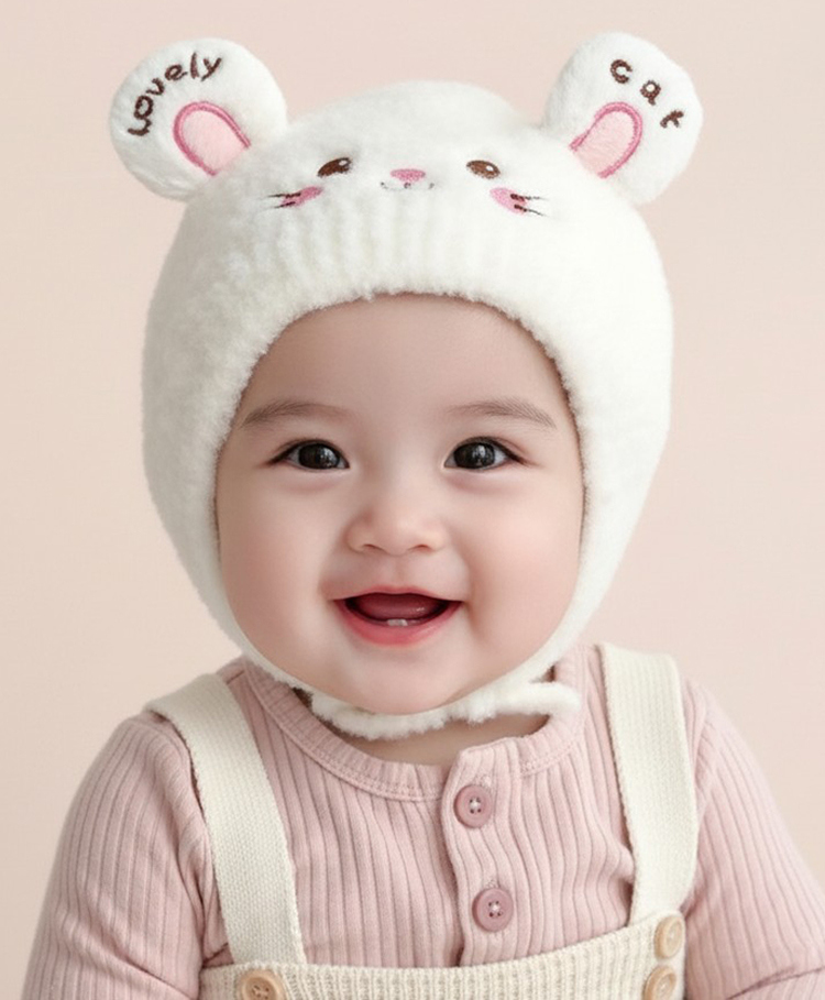Ziory Woollen Knit Cat Face Designed & Ear Applique Detailed Cap - Off White - Circumference - 46-50 Cm-picture-11