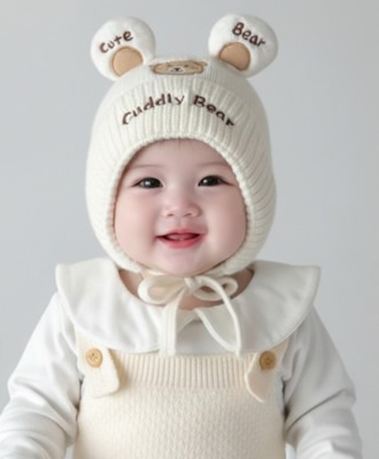 Ziory Woollen Teddy Bear Embroidered & Ear Applique Detailed Cap - Off White - Circumference - 46-50 Cm-picture-23