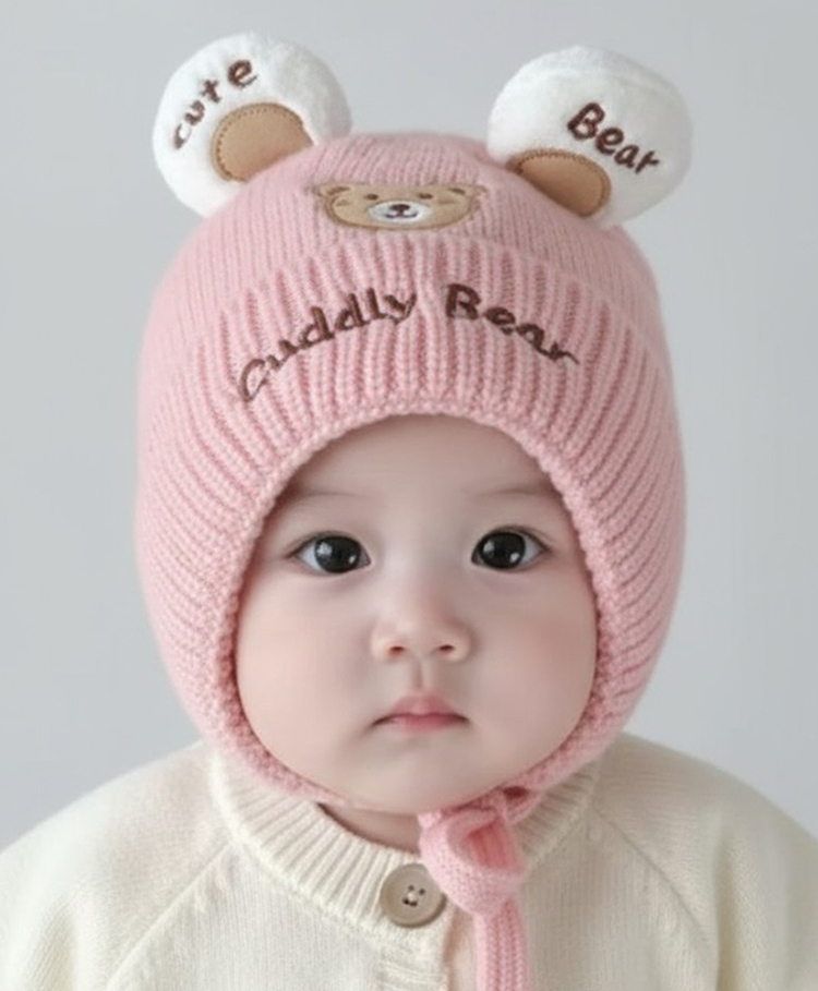 Ziory Woollen Teddy Bear Embroidered & Ear Applique Detailed Cap - Pink - Circumference - 46-50 Cm-picture-20