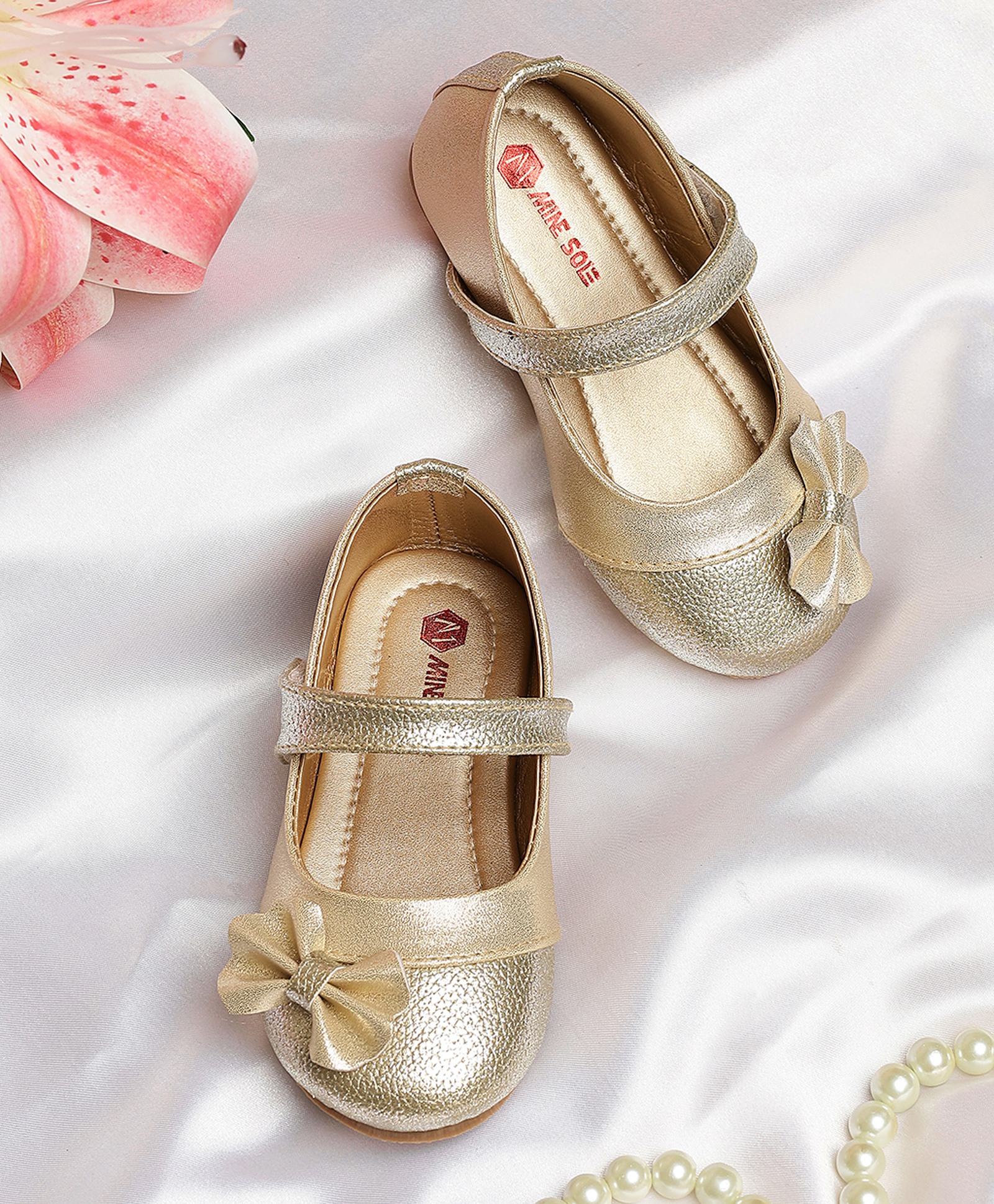 Mine Sole Bow Applique Detailed & Foil Printed With Velcro Closure Mary Jane Ballerinas - Gold-picture-12