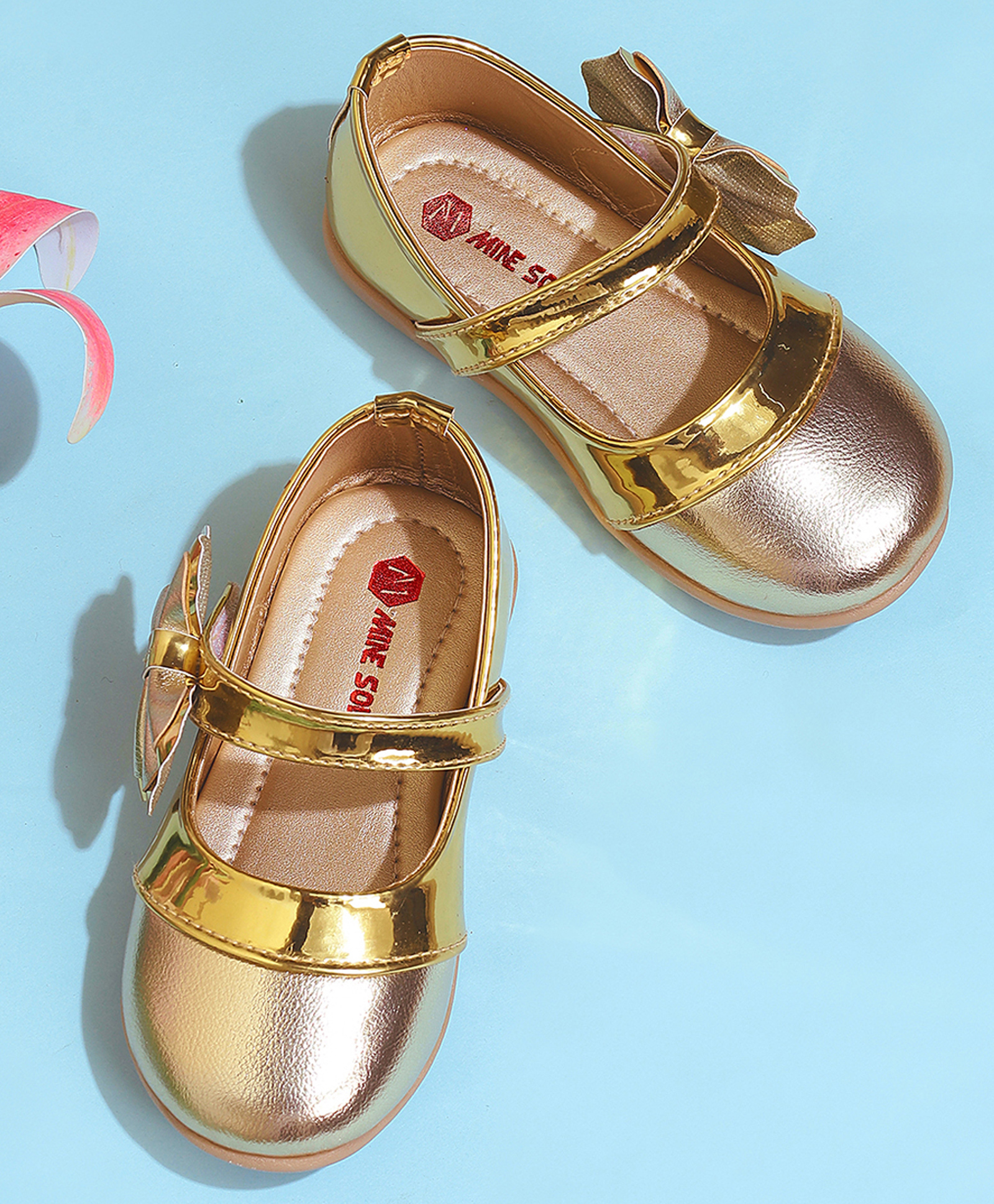 Mine Sole Bow Applique Detailed & Metallic With Velcro Closure Mary Jane Ballerinas - Gold-image-21