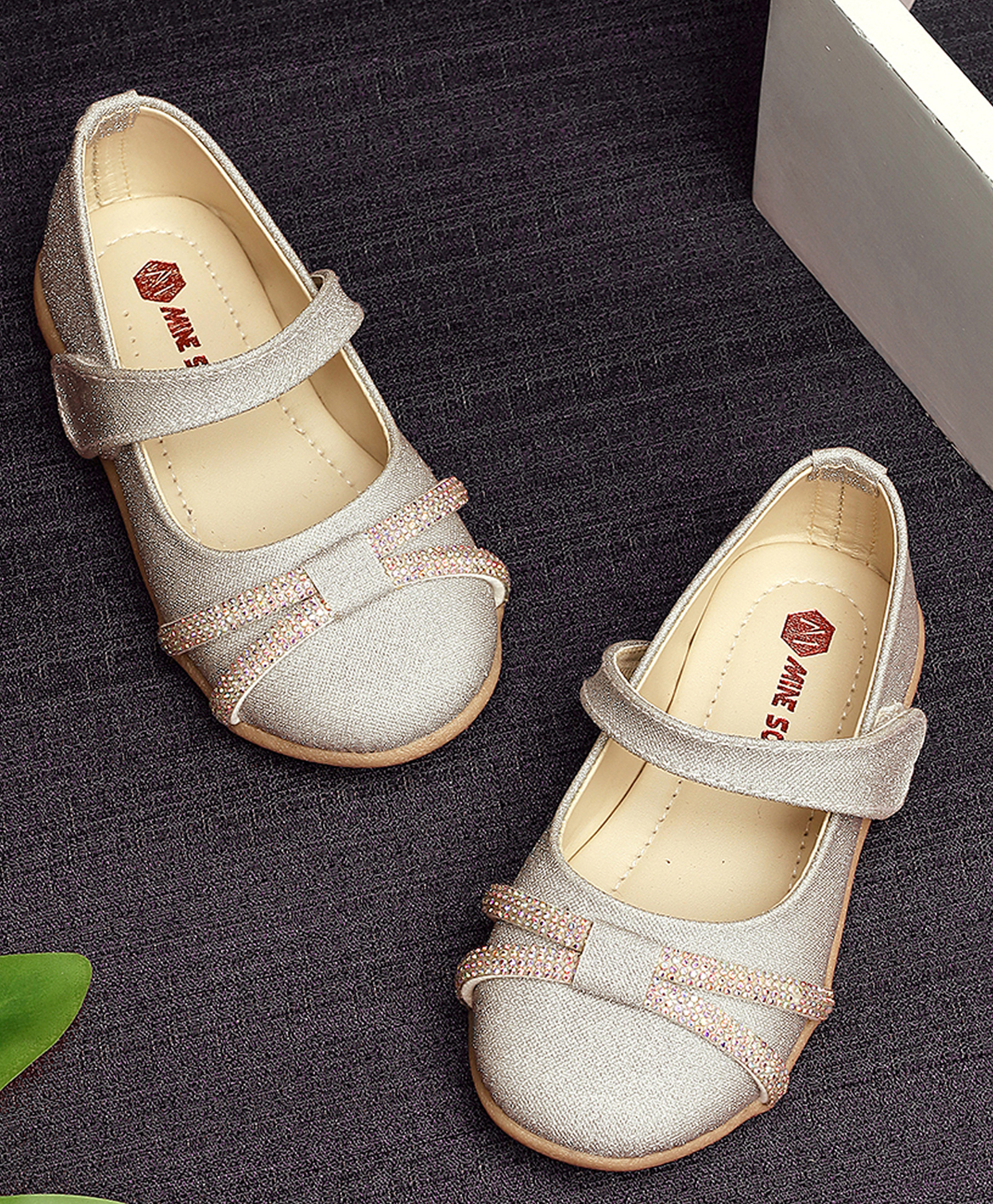 Mine Sole Rhinestones Embellished With Velcro Closure Mary Jane Ballerinas - Silver-image-38