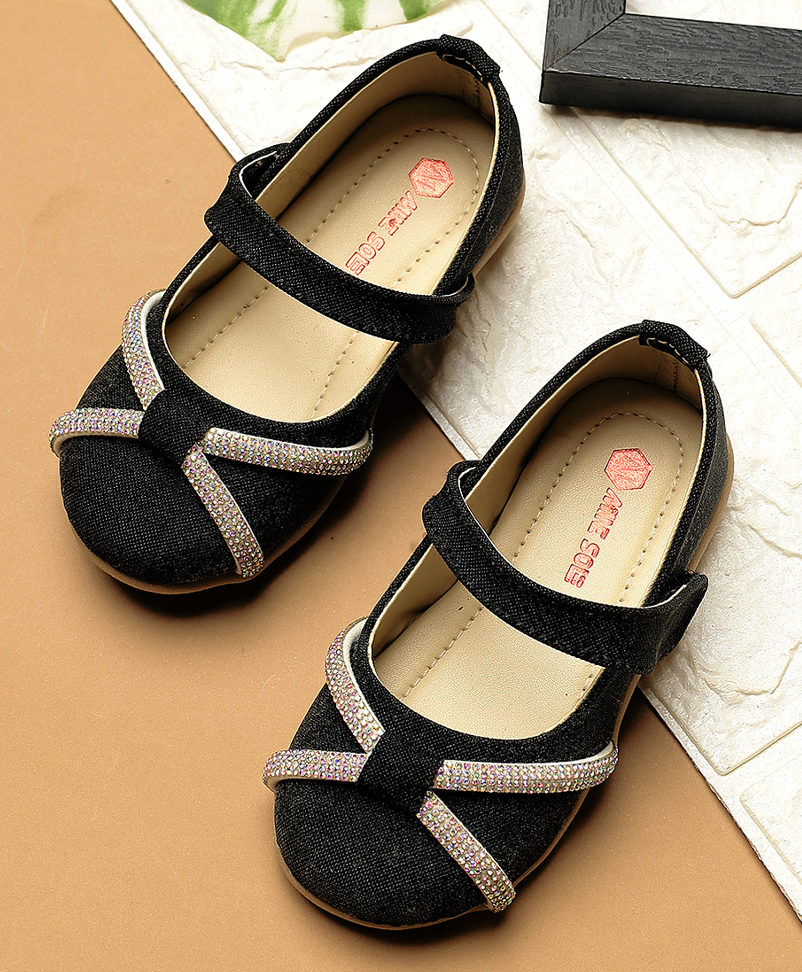 Mine Sole Rhinestones Embellished With Velcro Closure Mary Jane Ballerinas - Black-image-46