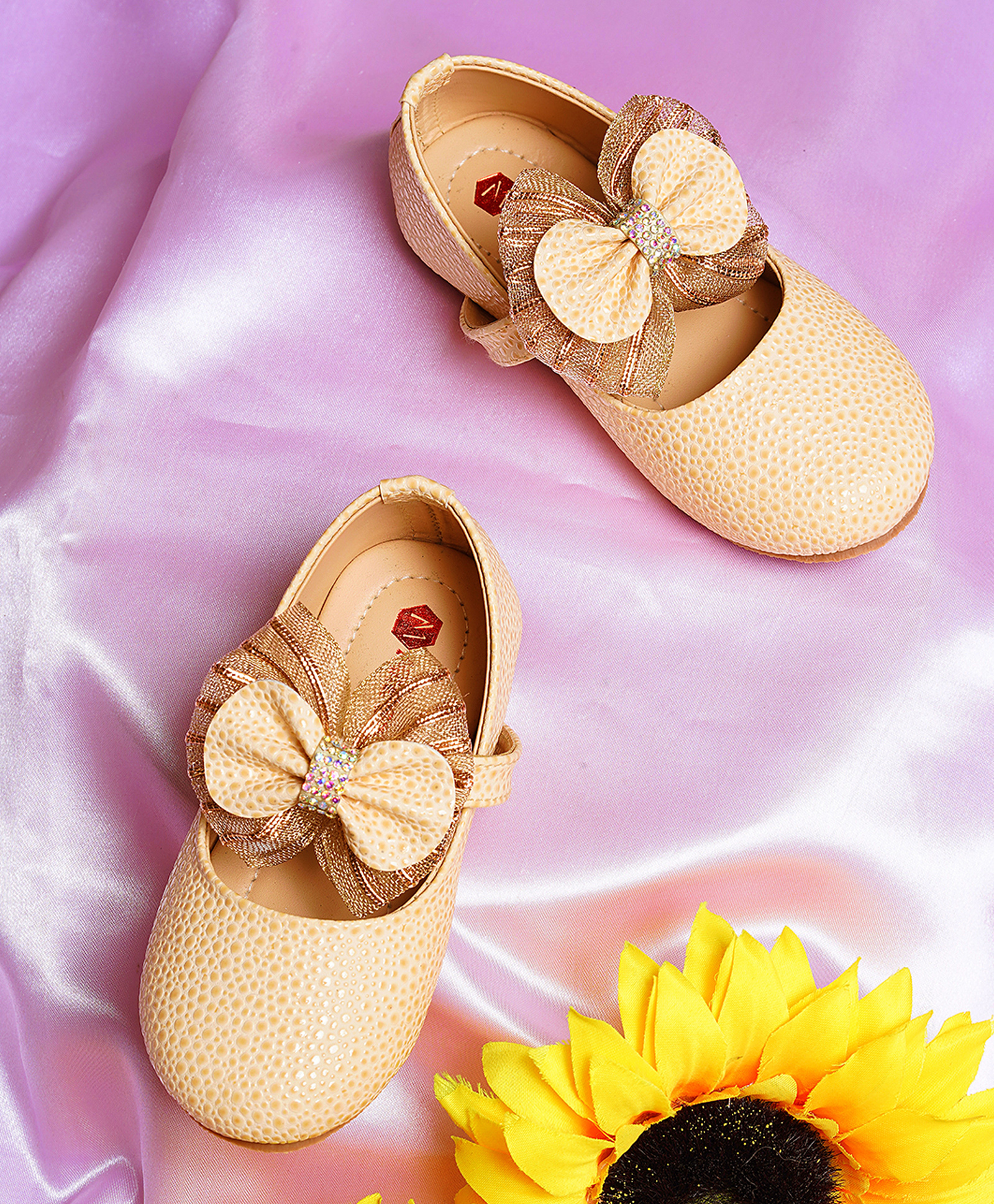 Mine Sole Bow Applique Detailed & Textured With Velcro Closure Mary Jane Ballerinas - Gold-image-3