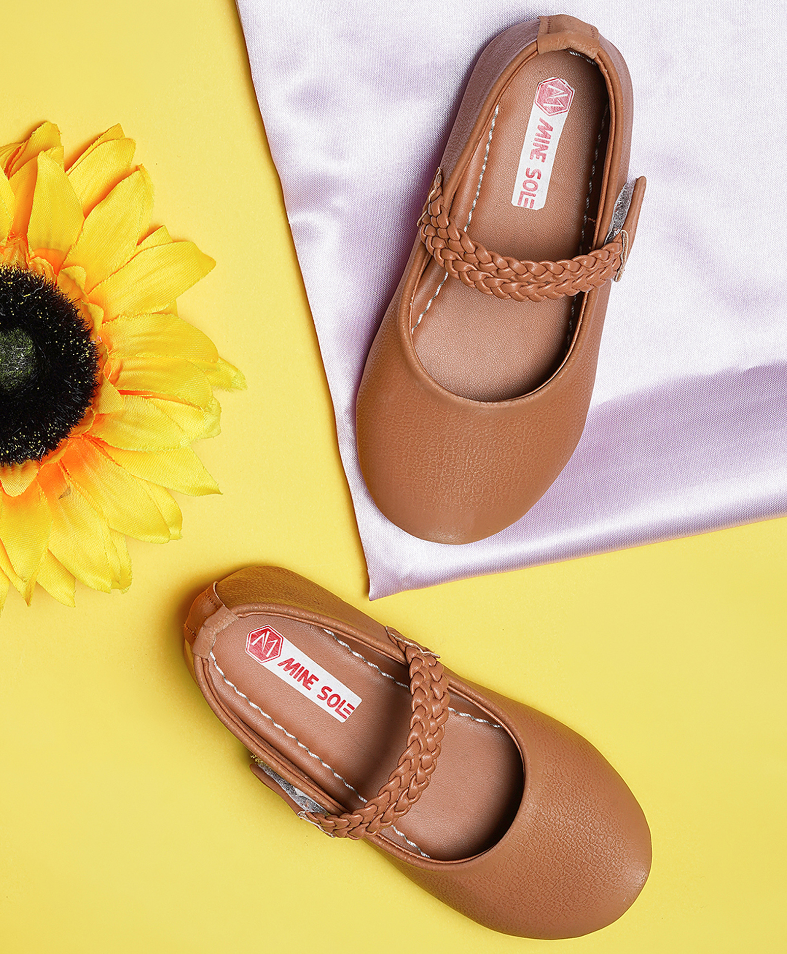 Mine Sole Matte Finish & Braided With Velcro Closure Mary Jane Ballerinas - Brown-image-26
