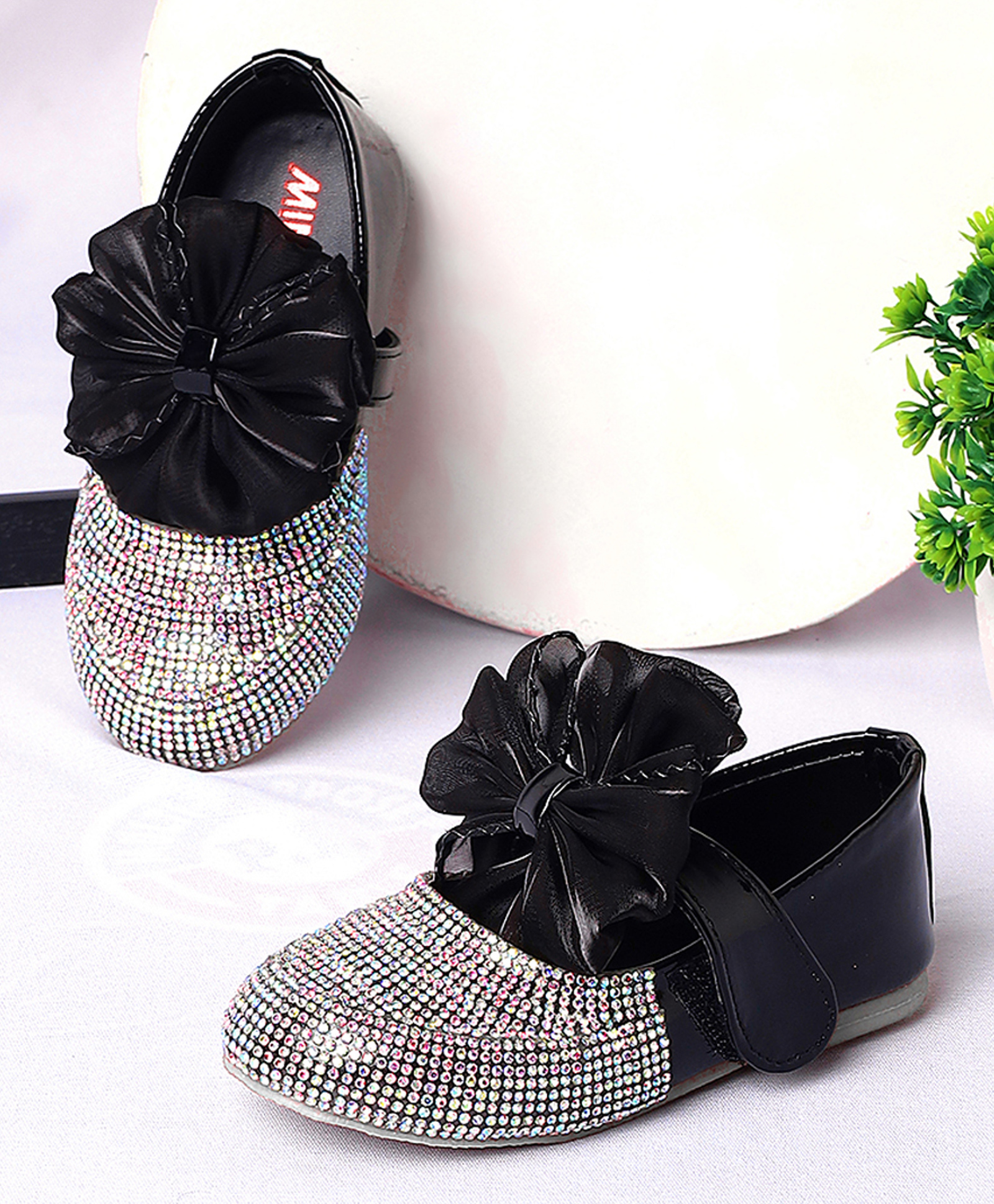 Mine Sole Rhinestones Embellished & Bow Applique Detailed With Velcro Closure Mary Jane Ballerinas - Black-image-21