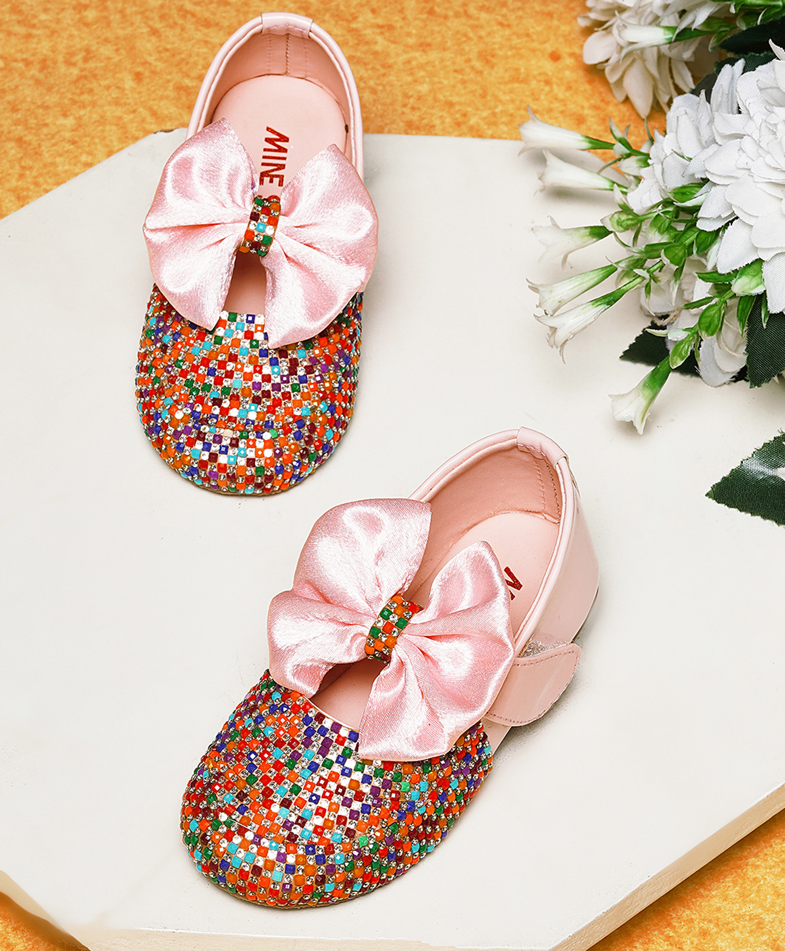 Mine Sole Rhinestones Embellished & Bow Applique Detailed With Velcro Closure Mary Jane Ballerinas - Multi Colour-image-44