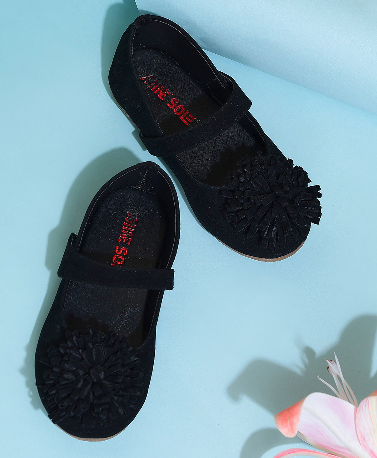 Mine Sole Floral Applique Detailed With Velcro Closure Mary Jane Ballerinas - Black-image-26