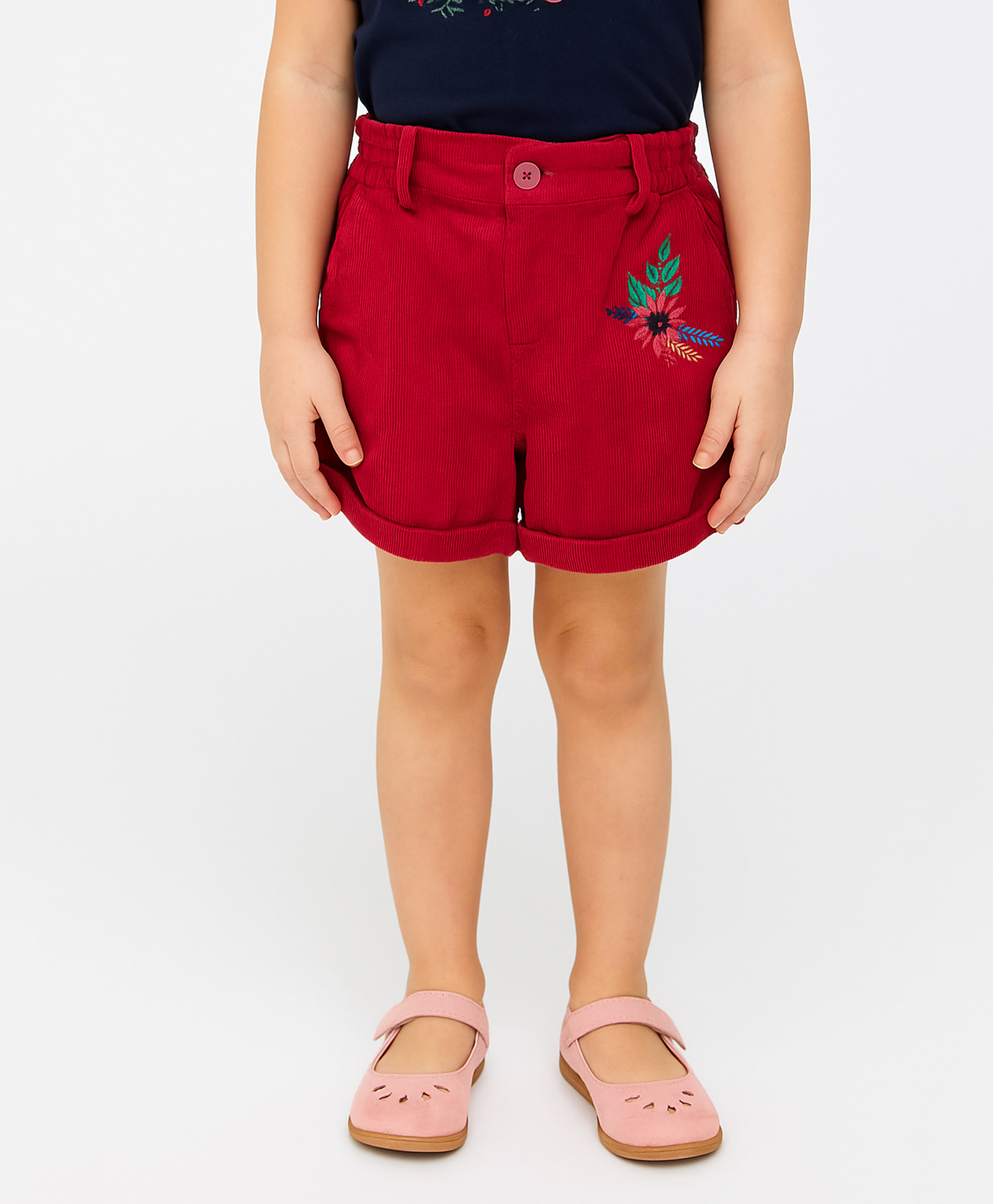 Pranava Organic Cotton Woven Floral Embroidered Corduroy Shorts - Red-picture-26