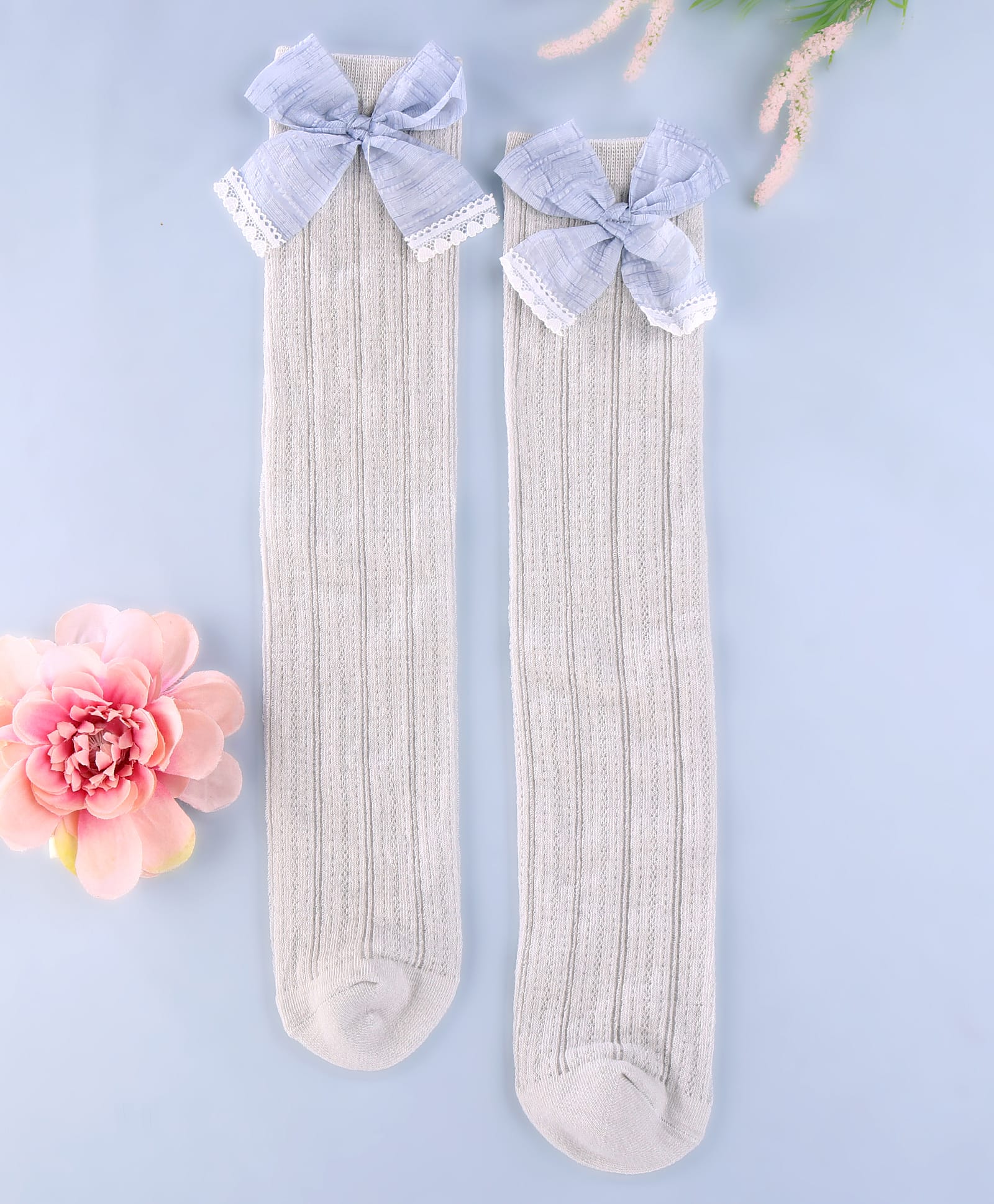 KIDLINGSS Bow Applique Detailed Ribbed Socks - Light Blue-picture-13