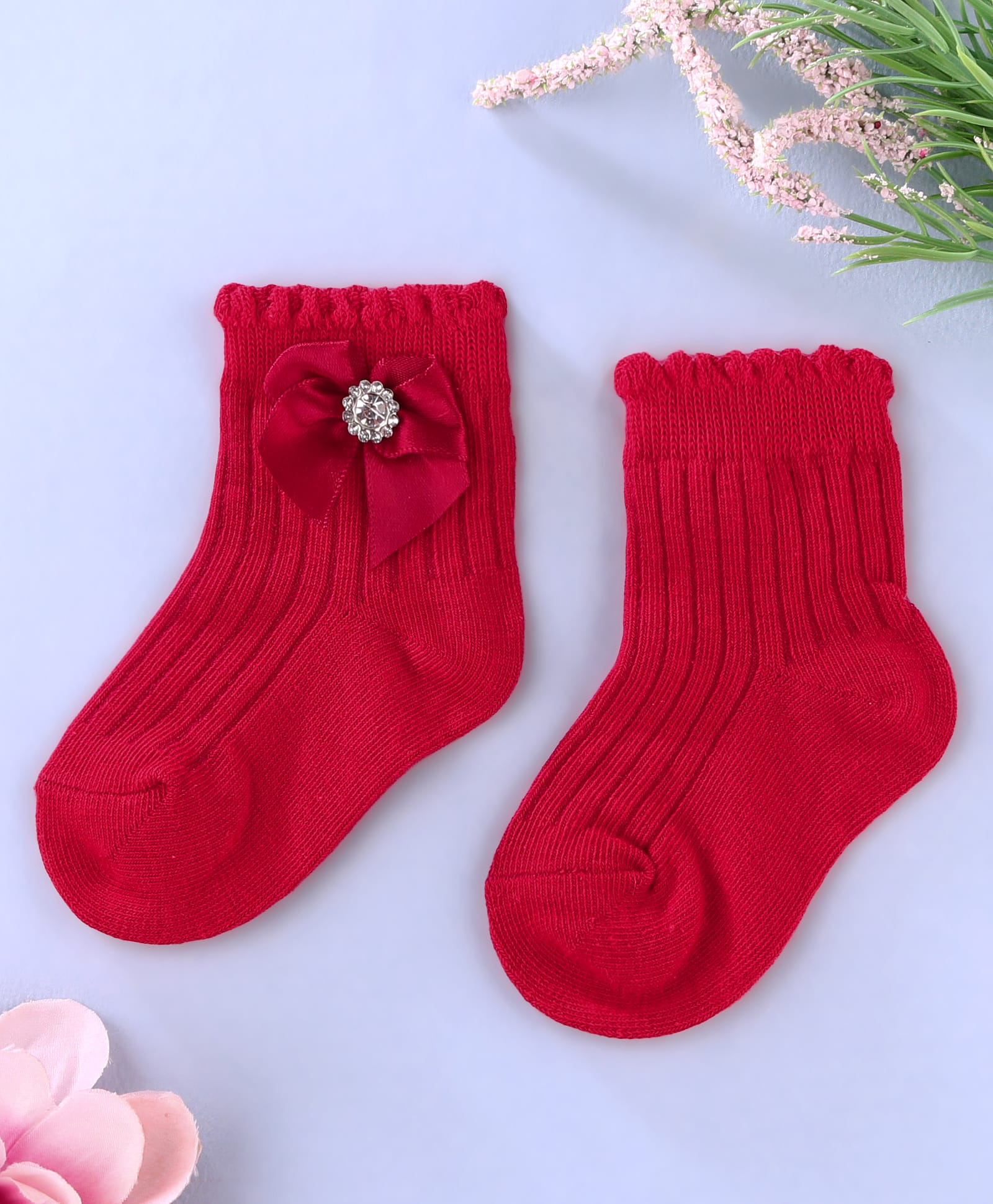 KIDLINGSS Bow Applique Detailed Stone Embellished Socks - Red-image-39