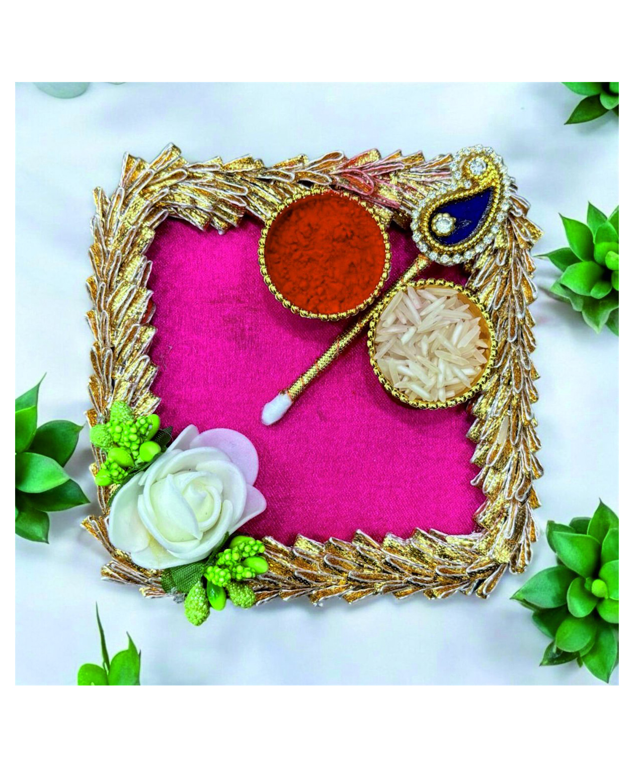Smaran Square Handcrafted Pooja Thali with Kumkum & Chawal Holders, Decorative Floral Plate for Raksha Bandhan, Karva Chauth, Wedding, Diwali, Navratri & Traditional Festive Rituals 10.16 cm-picture-16