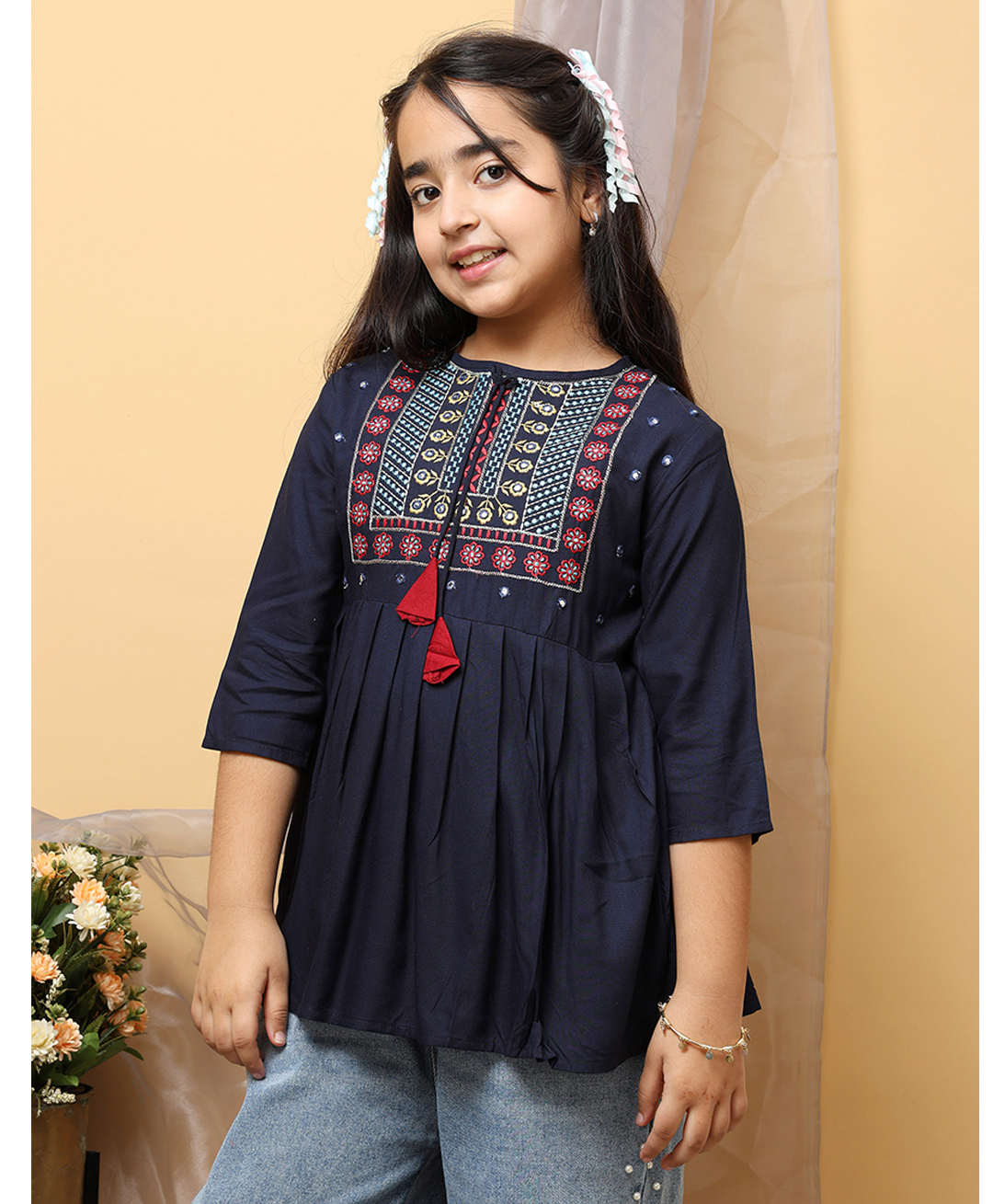 ISHTI Rayon Woven Three Fourth Sleeves Floral Embroidered & Tassel Detailed Top - Navy Blue-picture-14