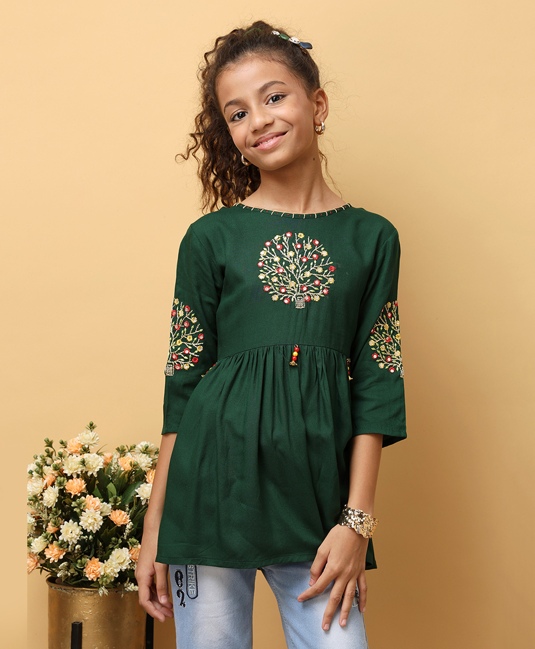 ISHTI Woven Three Fourth Sleeves Floral Embroidered & Beads Embellished Top - Bottle Green-picture-24