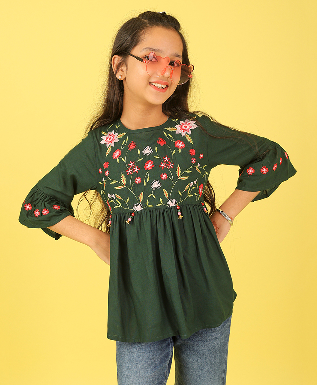 ISHTI Woven Three Fourth Sleeves Floral Embroidered & Beads Embellished Top - Bottle Green-picture-25