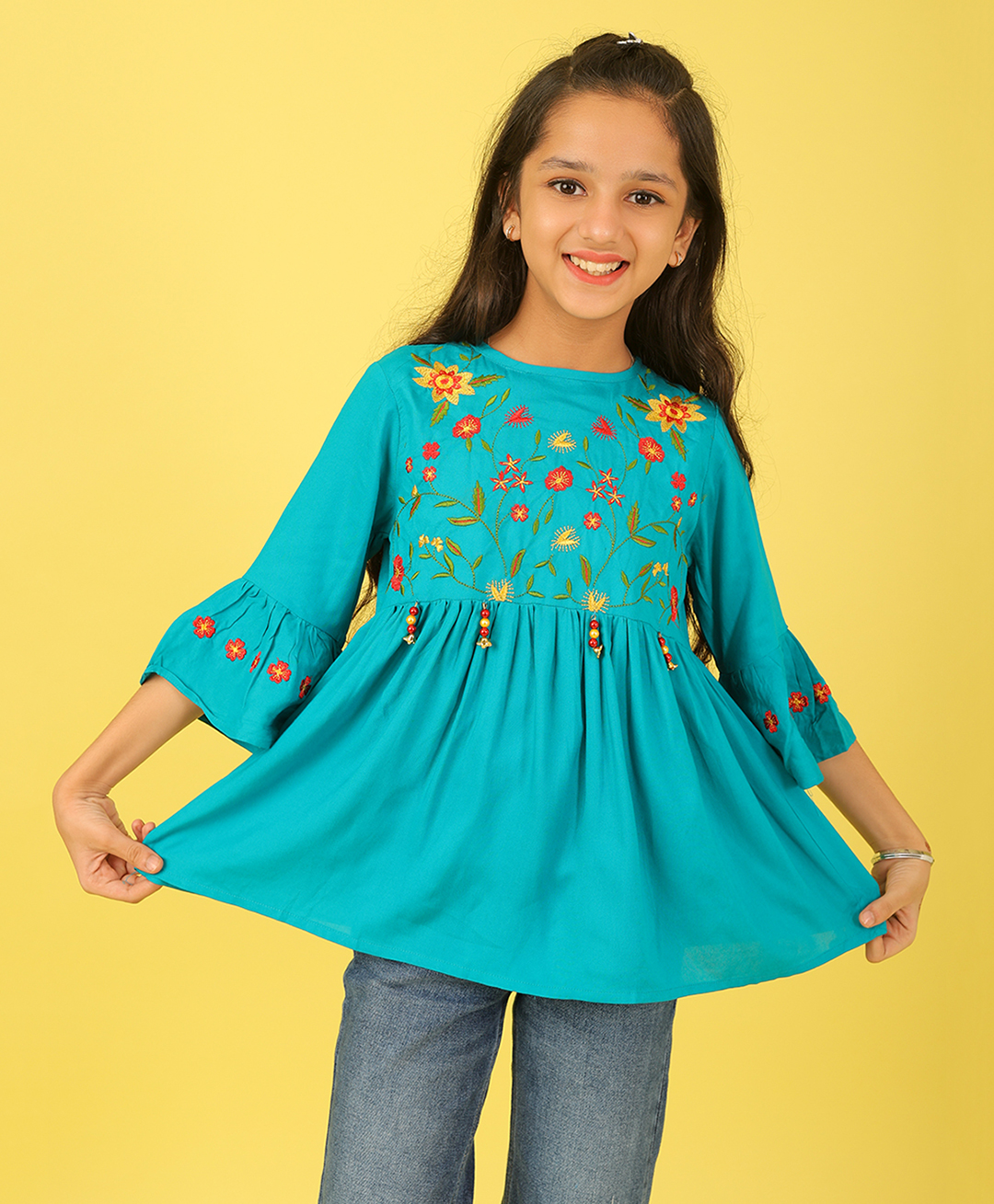 ISHTI Woven Three Fourth Sleeves Floral Embroidered & Beads Embellished Top - Rama Green-picture-28