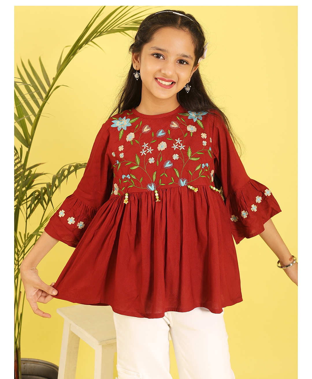 ISHTI Woven Three Fourth Sleeves Floral Embroidered & Beads Embellished Top - Maroon-picture-26