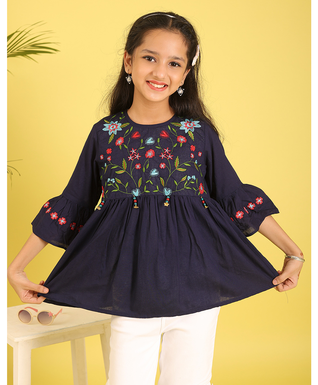 ISHTI Woven Three Fourth Sleeves Floral Embroidered & Beads Embellished Top - Navy Blue-picture-22