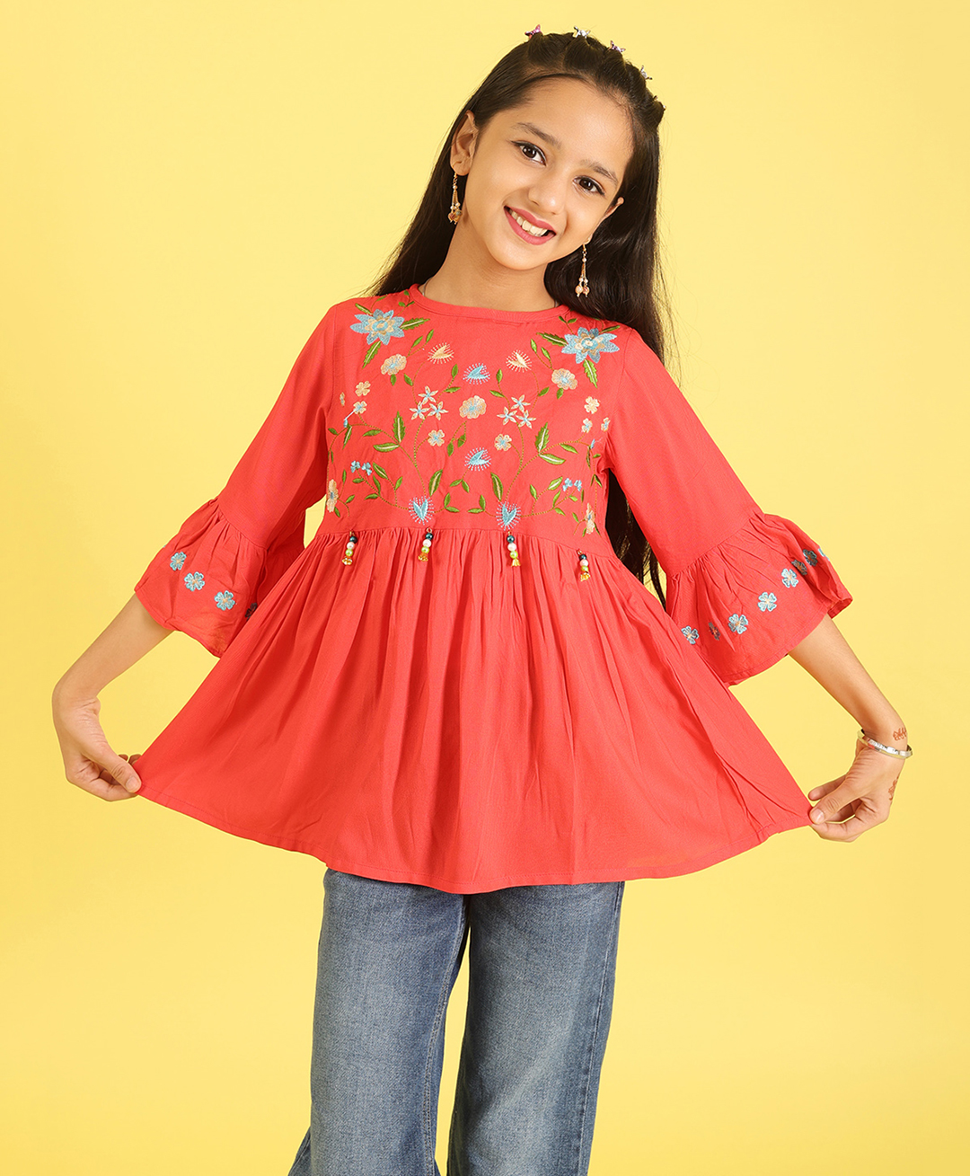 ISHTI Woven Three Fourth Sleeves Floral Embroidered & Beads Embellished Top - Tomato-picture-25