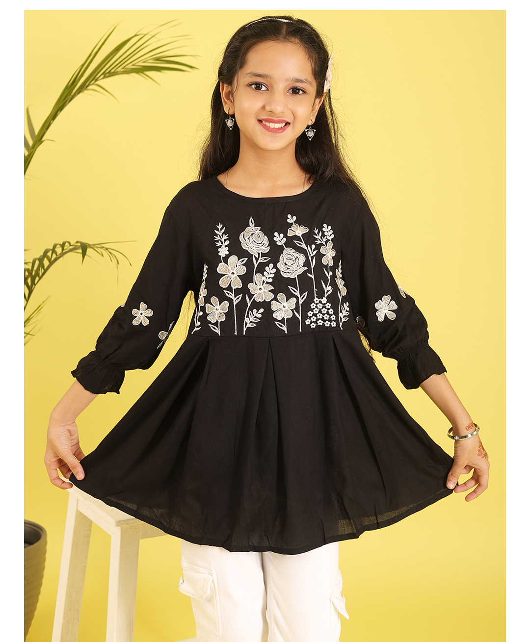 ISHTI Rayon Woven Three Fourth Sleeves Floral Embroidered Top - Black-picture-26