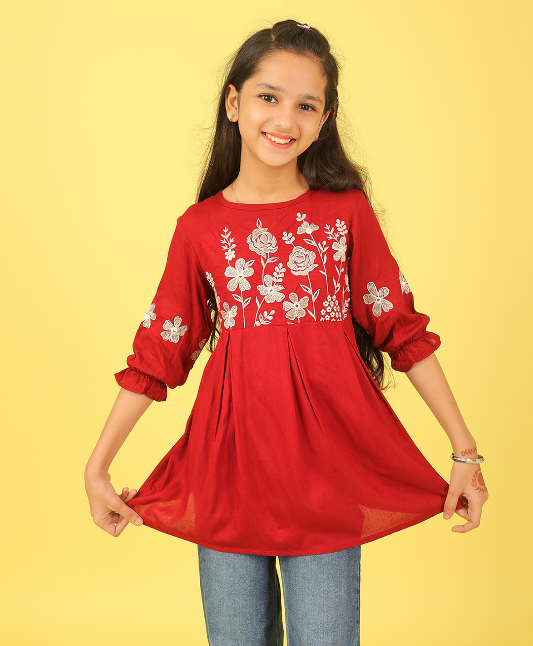 ISHTI Rayon Woven Three Fourth Sleeves Floral Embroidered Top - Maroon-picture-14