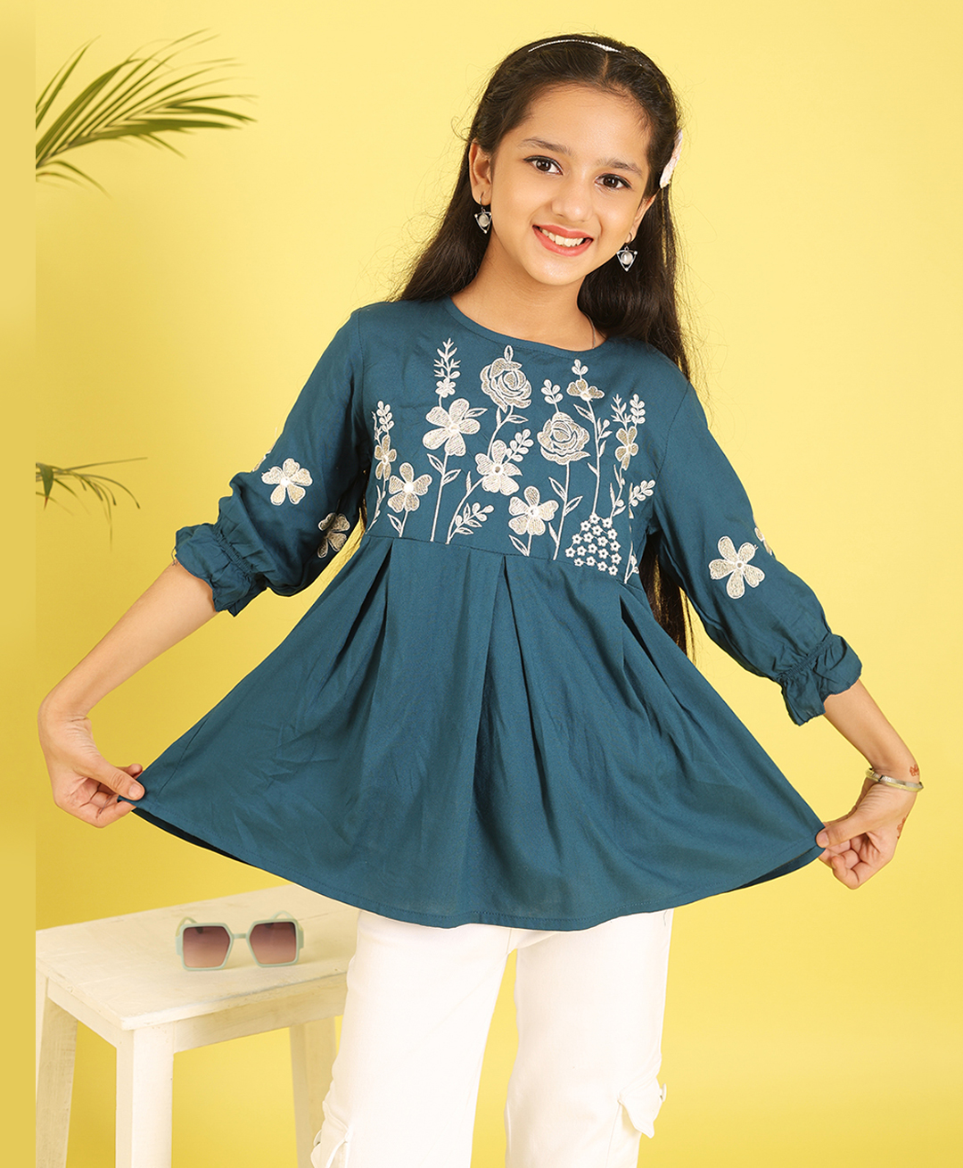 ISHTI Rayon Woven Three Fourth Sleeves Floral Embroidered Top - Teal Blue-image-48
