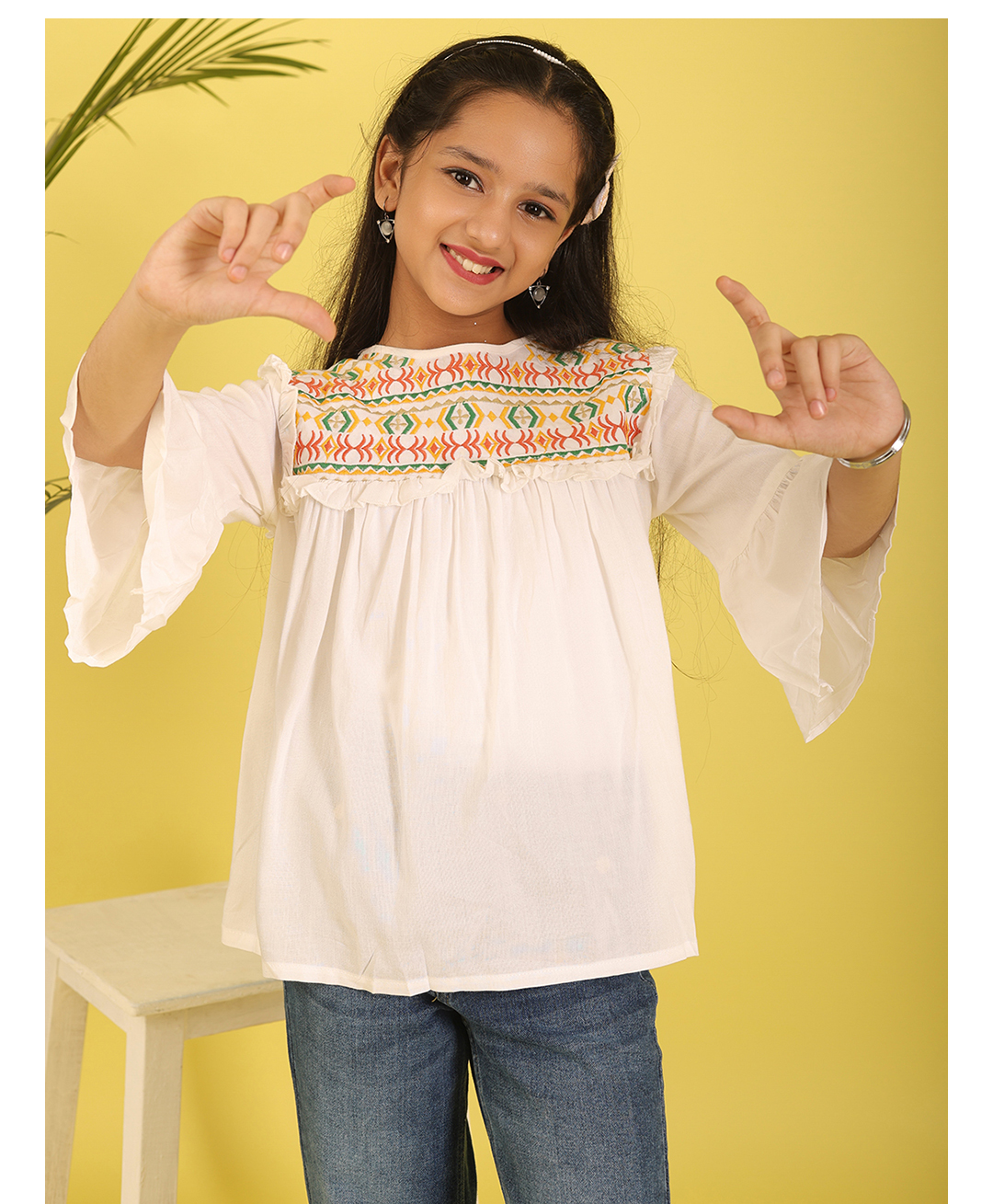 ISHTI Rayon Woven Three Fourth Bell Sleeves Abstract Embroidered Top - White-picture-20