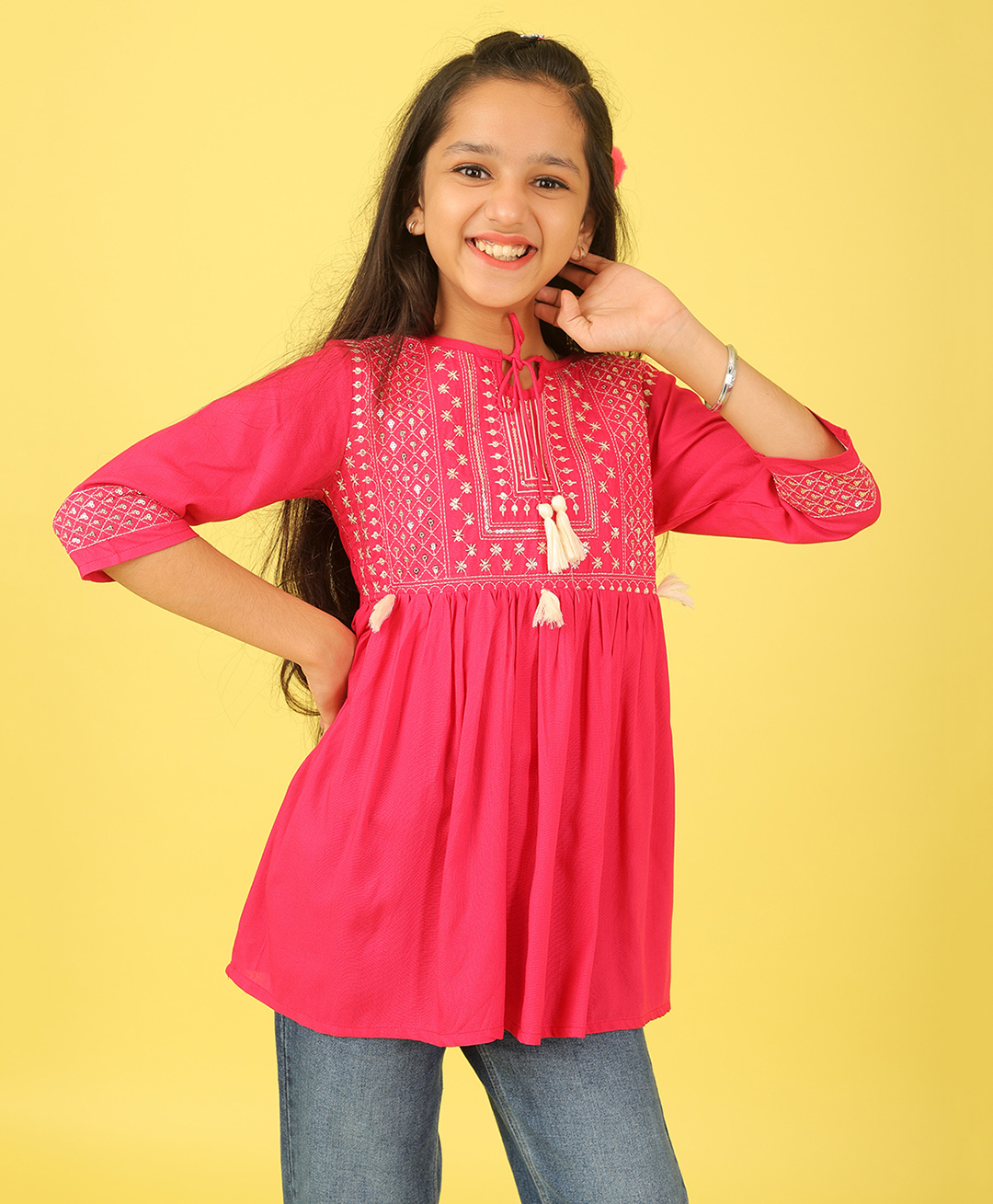 ISHTI Rayon Woven Three Fourth Sleeves Sequins Embroidered Top - Rani Pink-picture-35