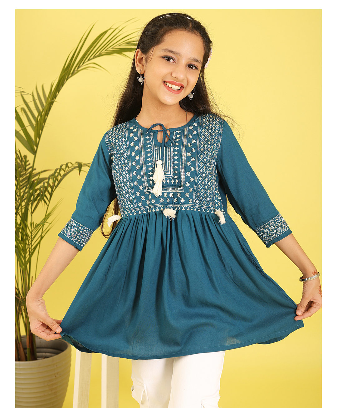 ISHTI Rayon Woven Three Fourth Sleeves Sequins Embroidered Top - Teal Blue-image-46