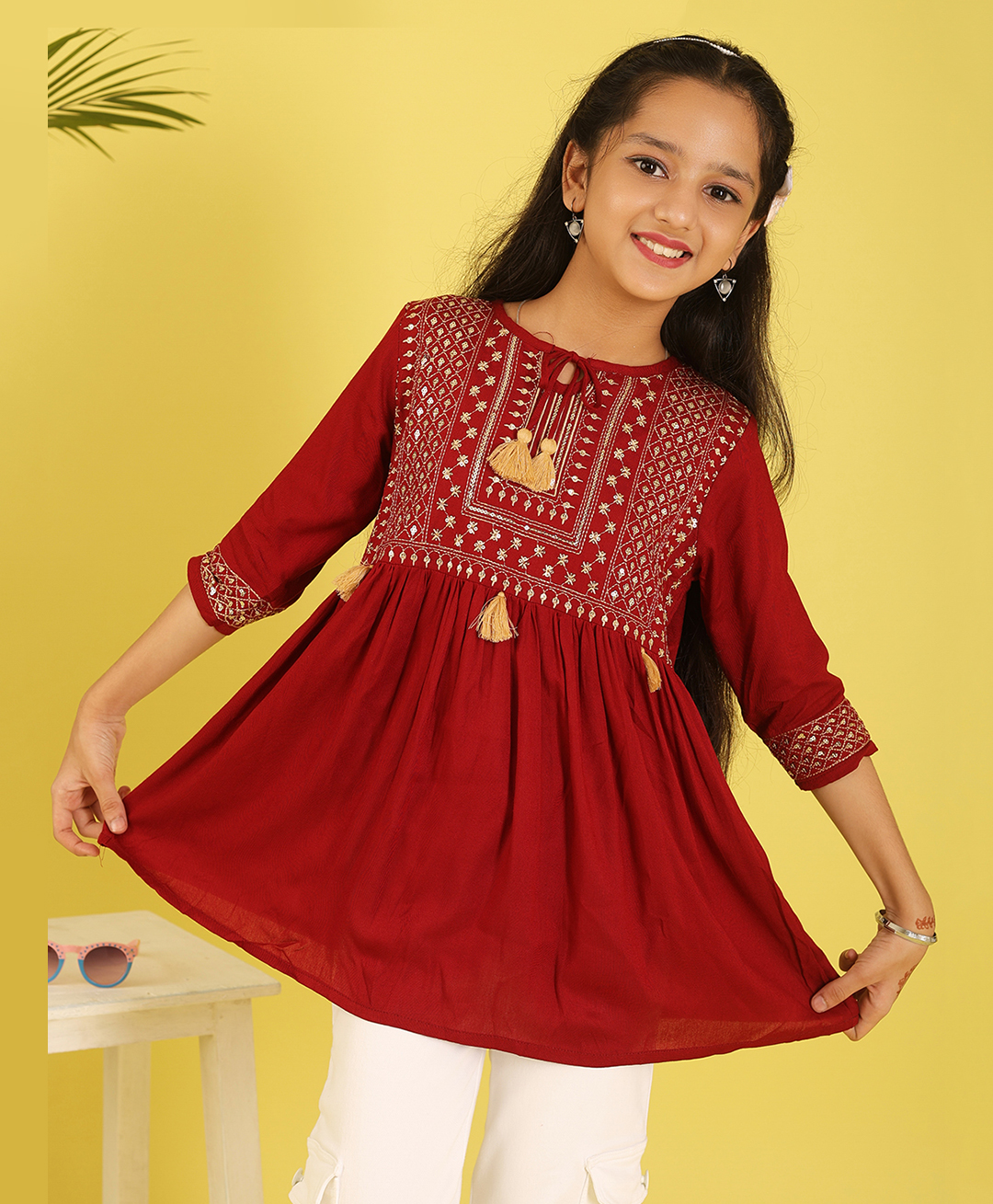 ISHTI Rayon Woven Three Fourth Sleeves Sequins Embroidered Top - Maroon-picture-33